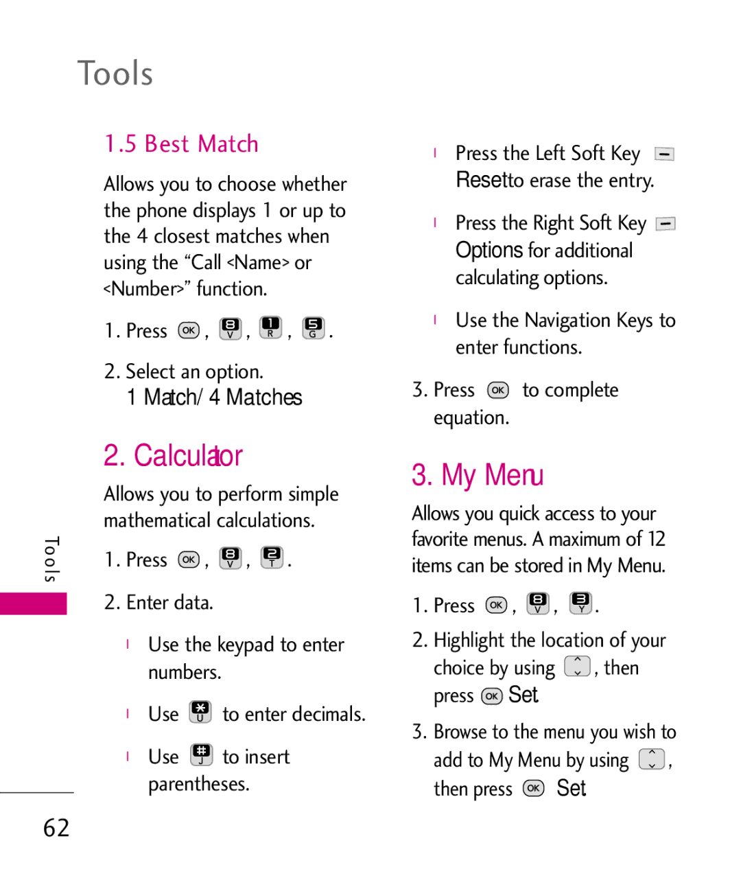 LG Electronics UN200 manual Calculator, My Menu, Best Match, Press Enter data 