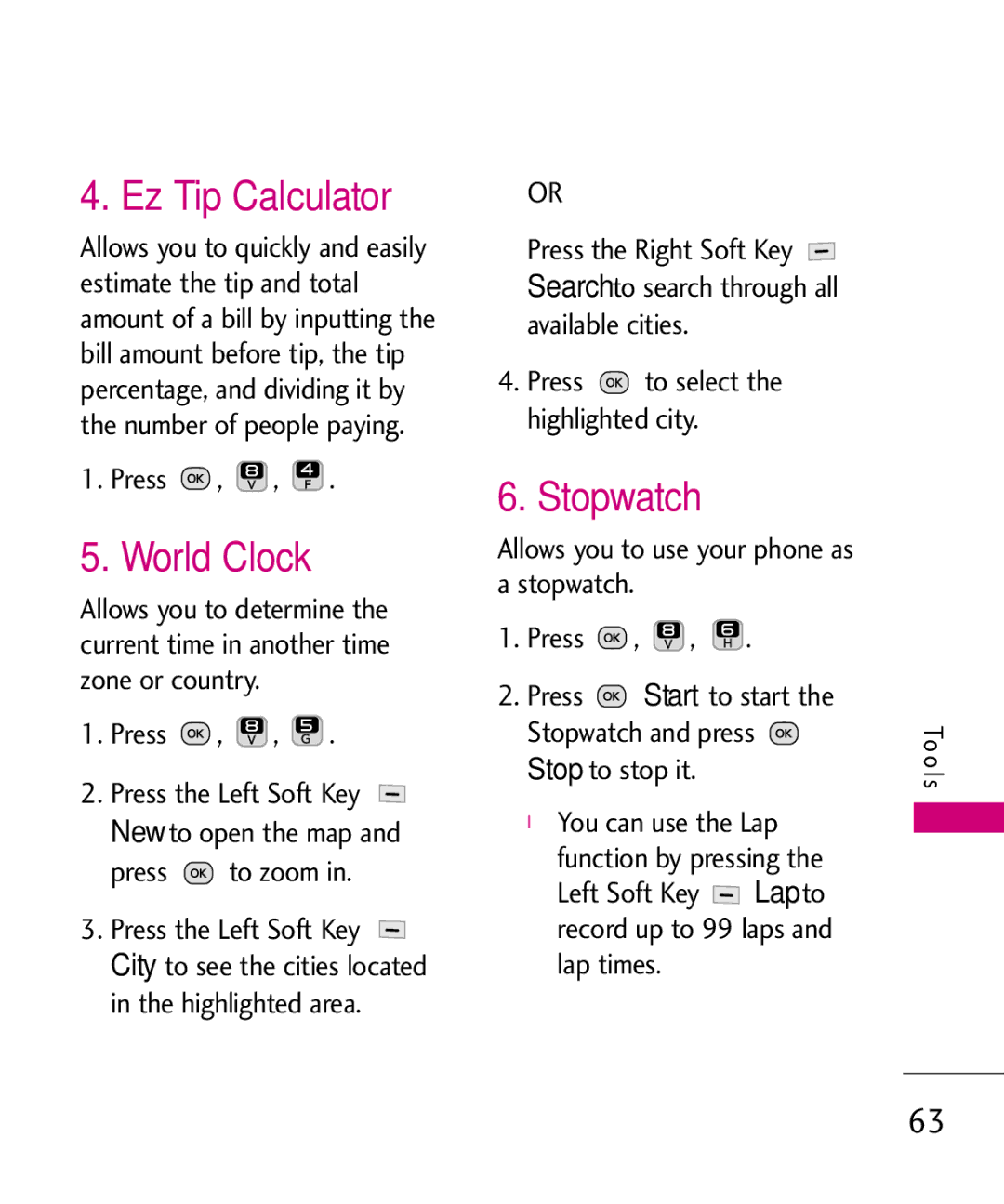 LG Electronics UN200 manual Ez Tip Calculator, World Clock, Stopwatch 