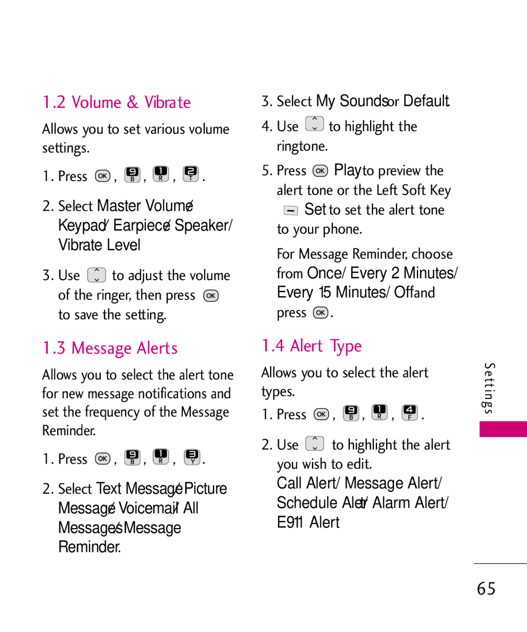 LG Electronics UN200 manual Volume & Vibrate, Message Alerts, Alert Type, Master Volume 