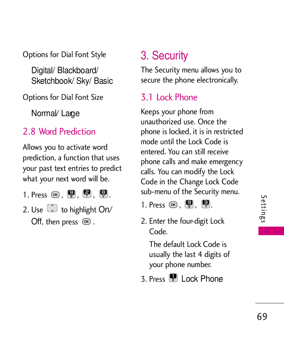 LG Electronics UN200 manual Security, Word Prediction, Normal/ Large, Press Lock Phone 