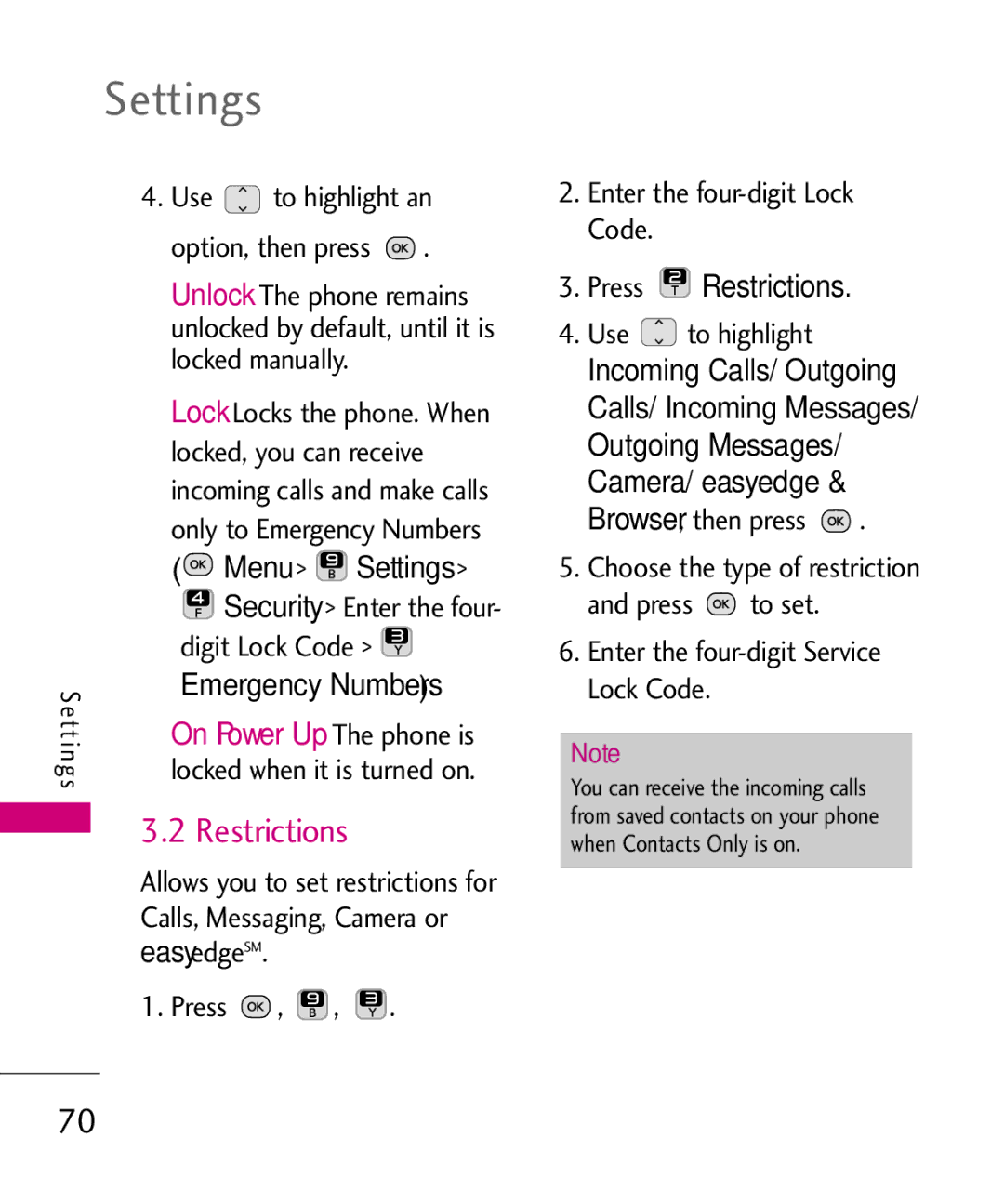 LG Electronics UN200 manual Press Restrictions, Menu, Digit Lock Code 