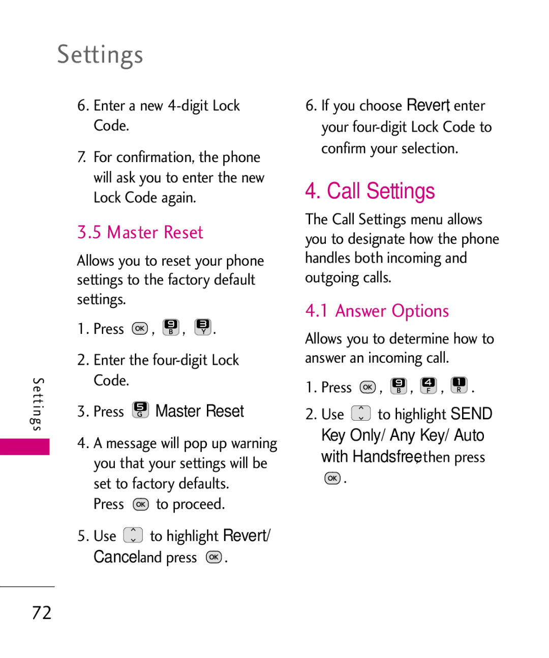 LG Electronics UN200 manual Call Settings, Master Reset, Answer Options 
