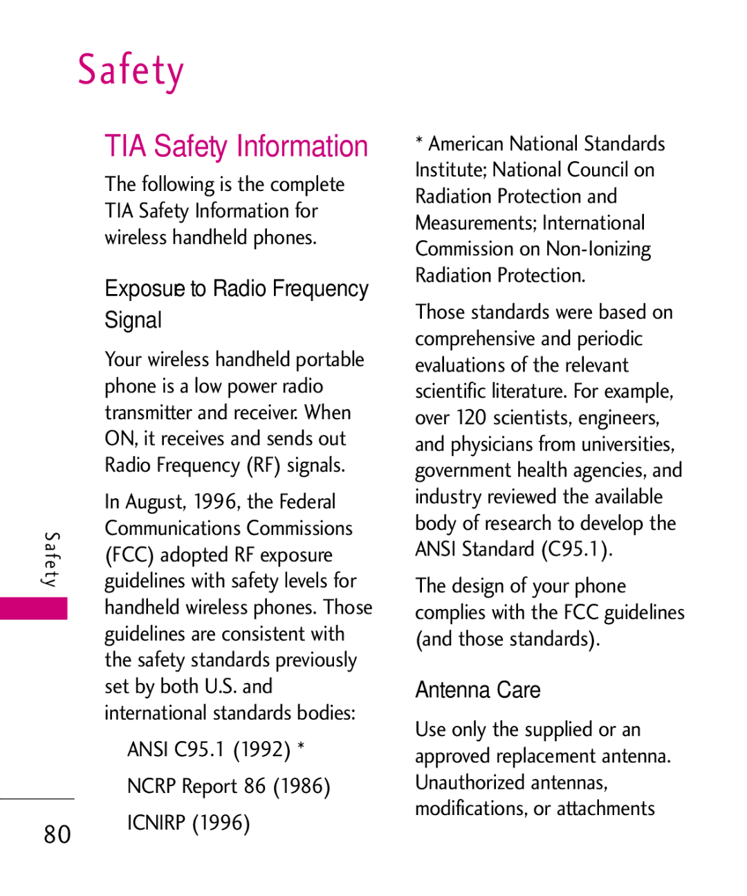 LG Electronics UN200 manual TIA Safety Information, Exposure to Radio Frequency, Antenna Care 
