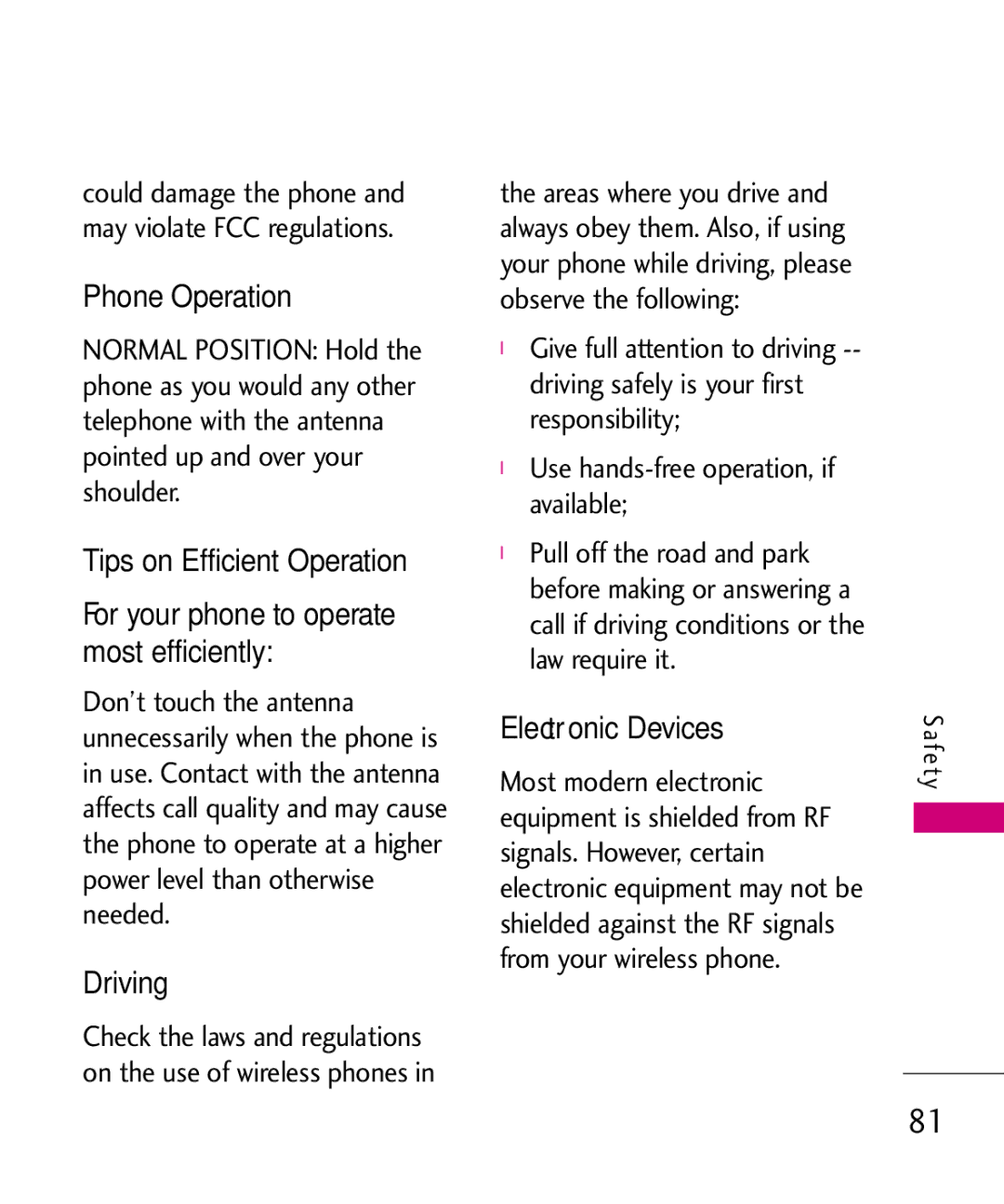 LG Electronics UN200 manual Phone Operation, Driving, Electronic Devices, Most modern electronic 