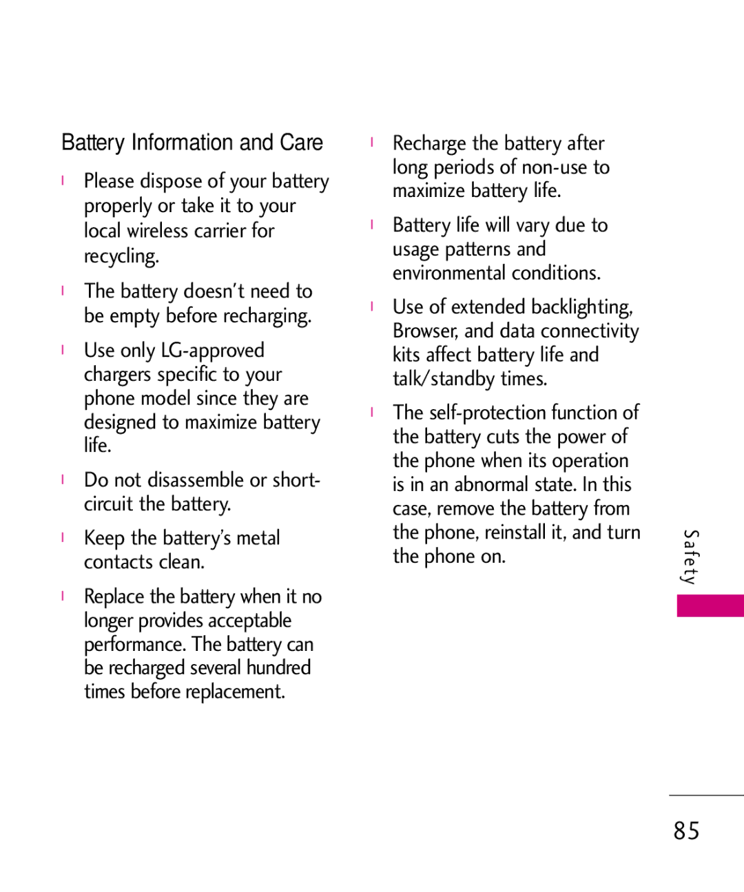 LG Electronics UN200 manual Battery Information and Care 