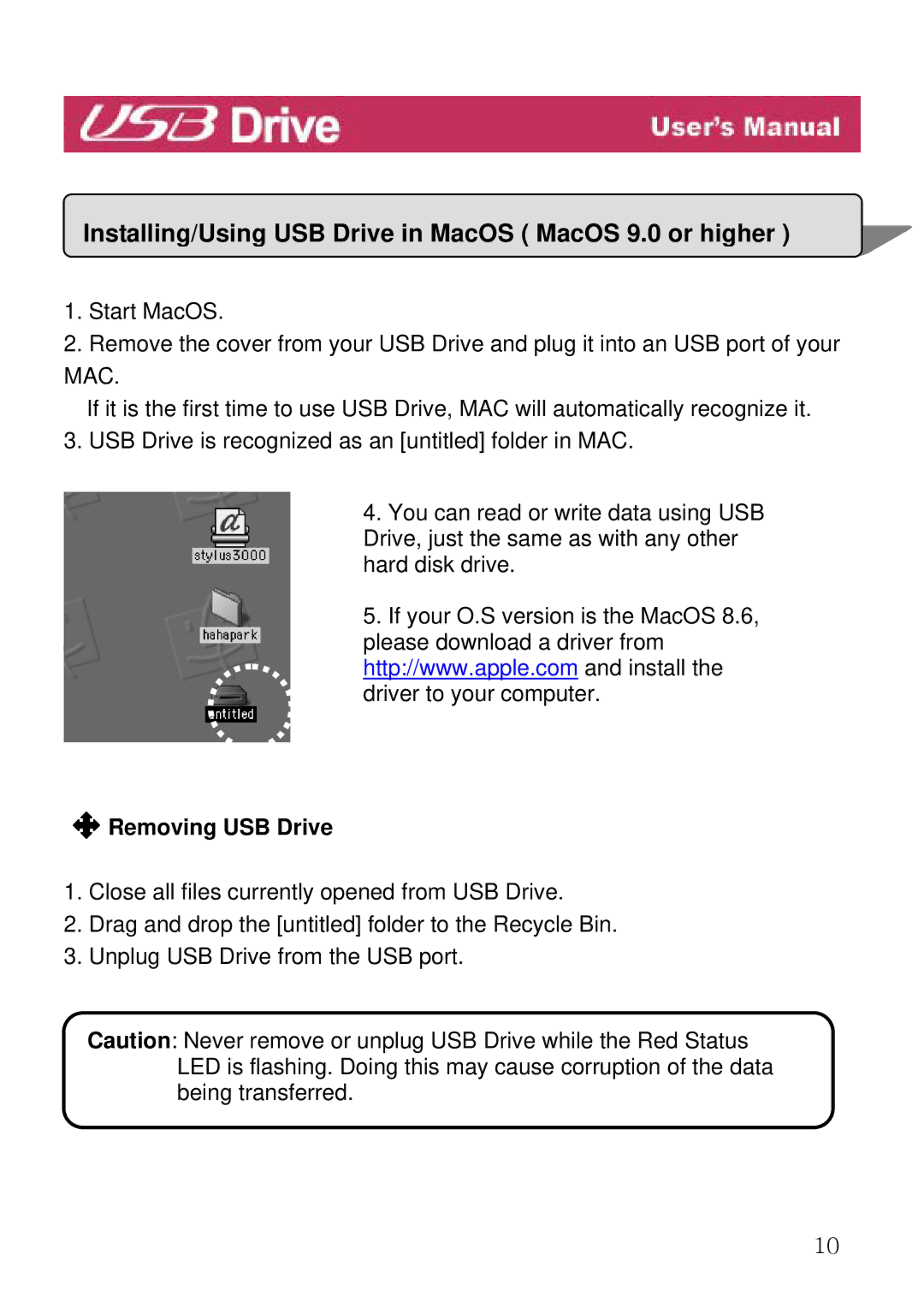 LG Electronics manual Installing/Using USB Drive in MacOS MacOS 9.0 or higher, Removing USB Drive 