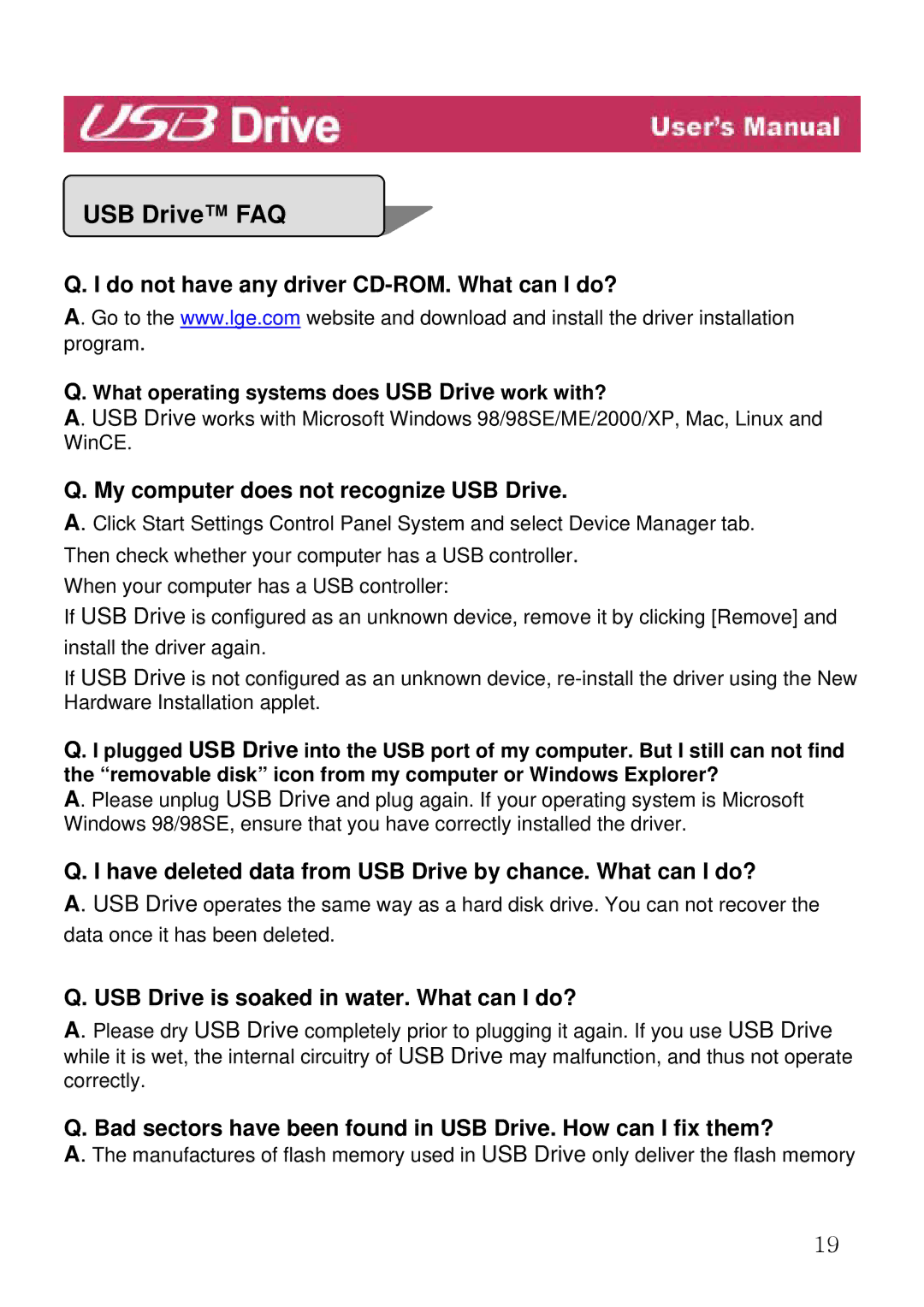 LG Electronics USB Drive FAQ, Do not have any driver CD-ROM. What can I do?, My computer does not recognize USB Drive 