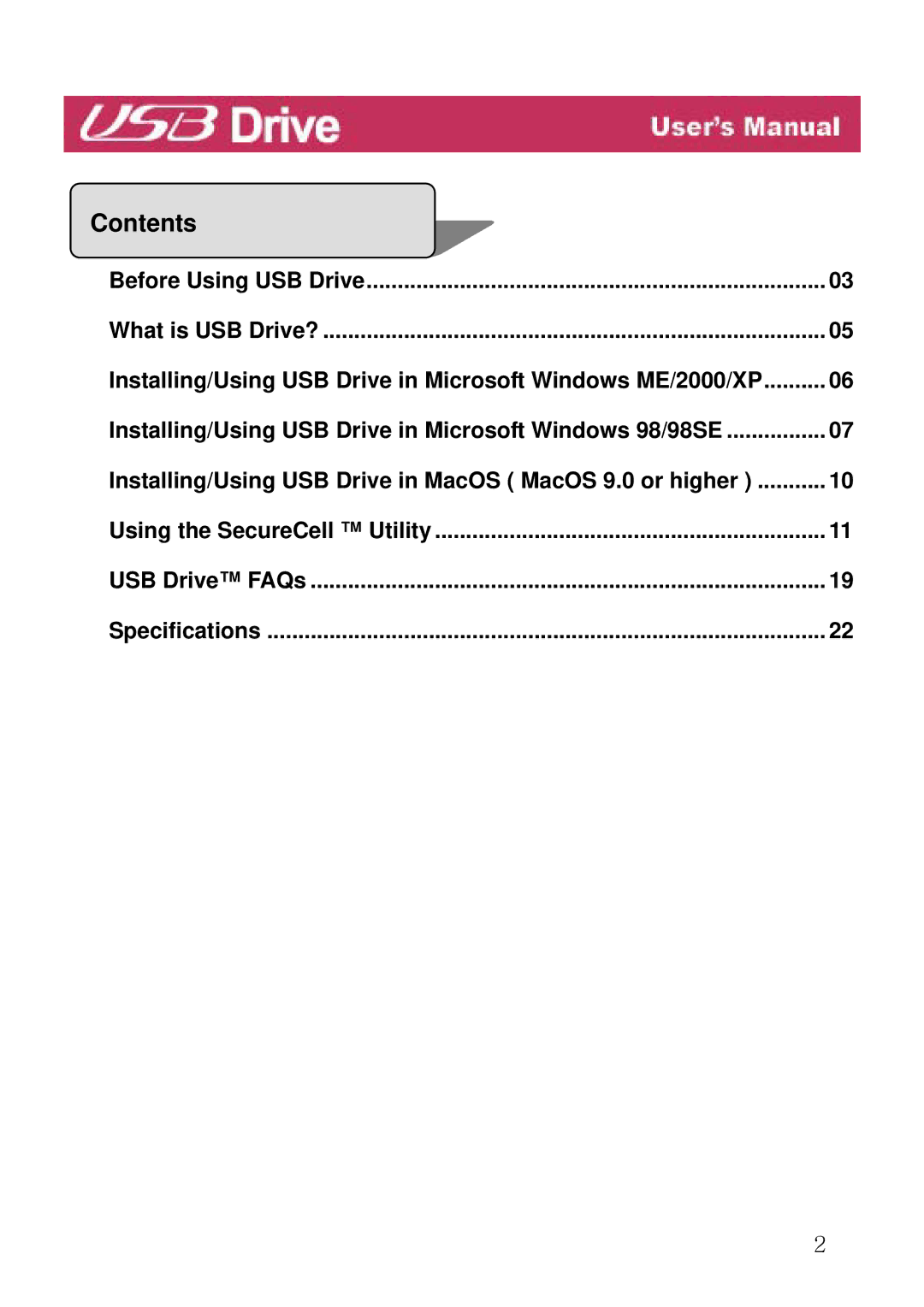 LG Electronics USB Drive manual Contents 