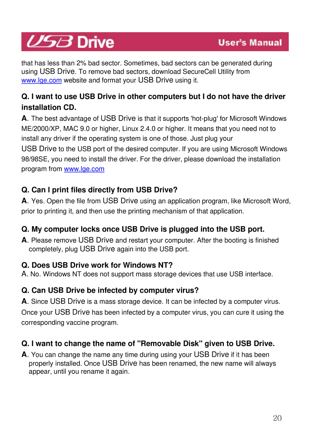 LG Electronics manual Can I print files directly from USB Drive?, Does USB Drive work for Windows NT? 