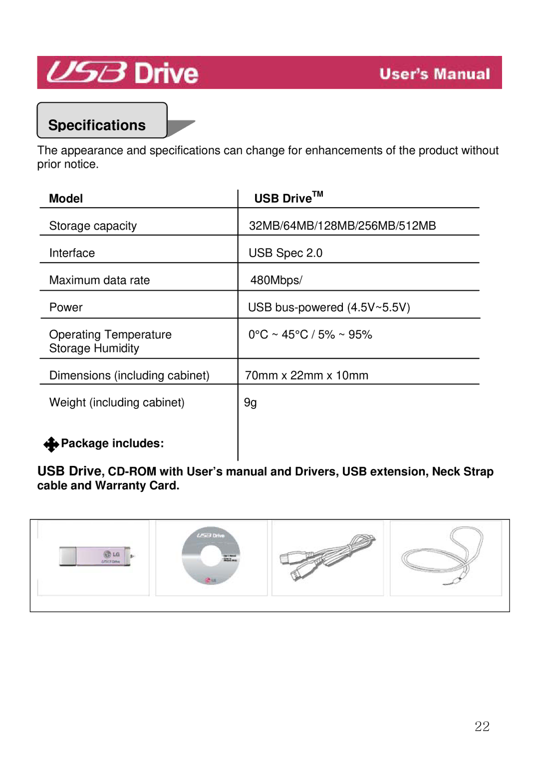 LG Electronics manual Specifications, Model USB Drive TM 