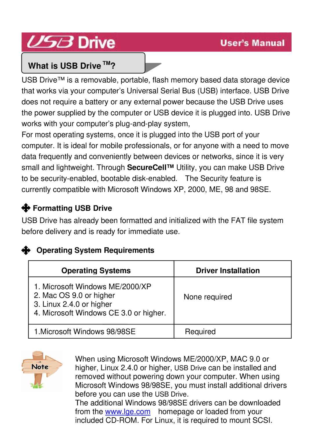 LG Electronics manual What is USB Drive TM?, Formatting USB Drive, Operating System Requirements Operating Systems 