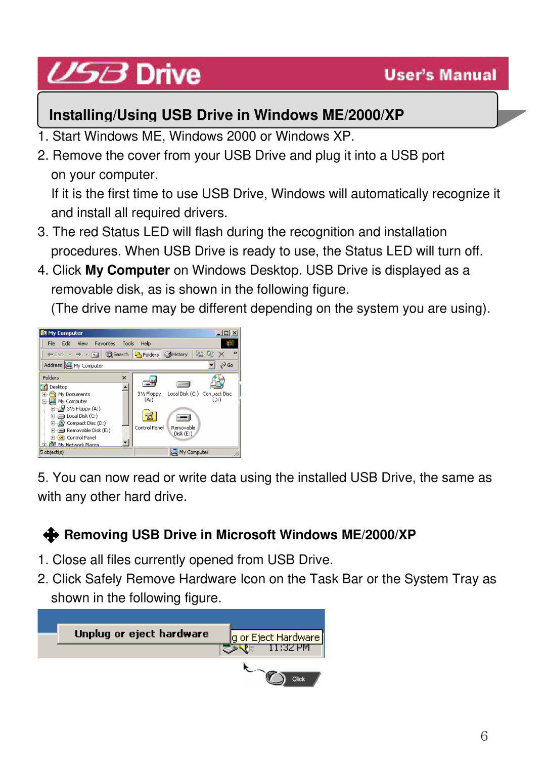 LG Electronics Installing/Using USB Drive in Windows ME/2000/XP, Removing USB Drive in Microsoft Windows ME/2000/XP 