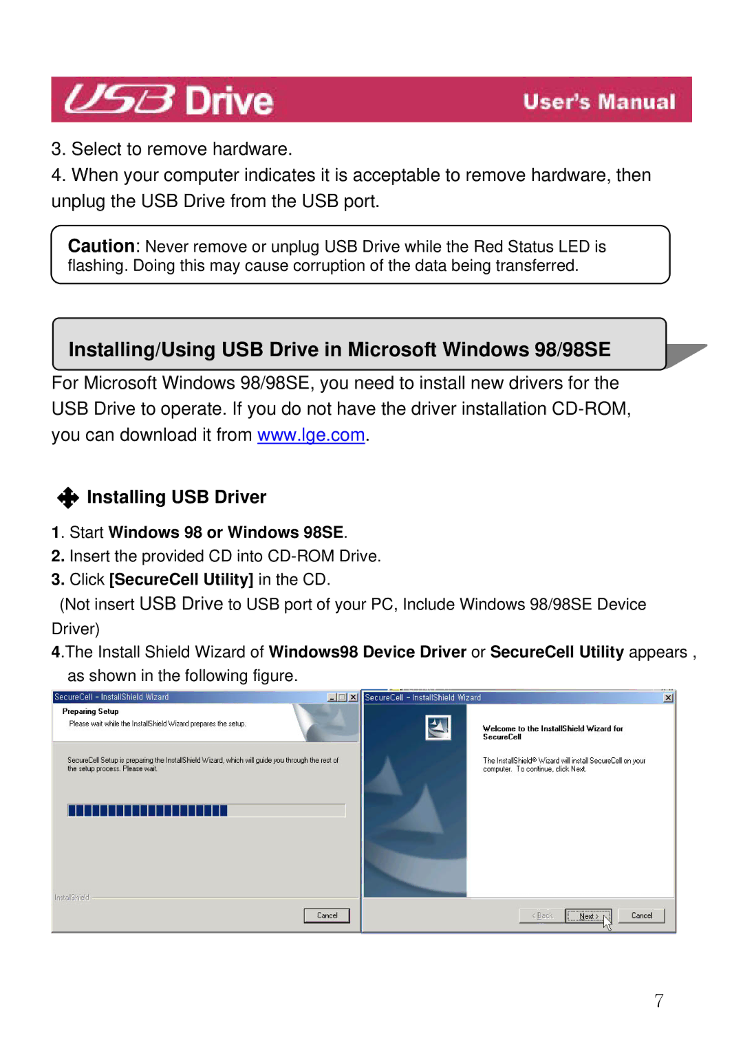 LG Electronics manual Installing/Using USB Drive in Microsoft Windows 98/98SE, Installing USB Driver 