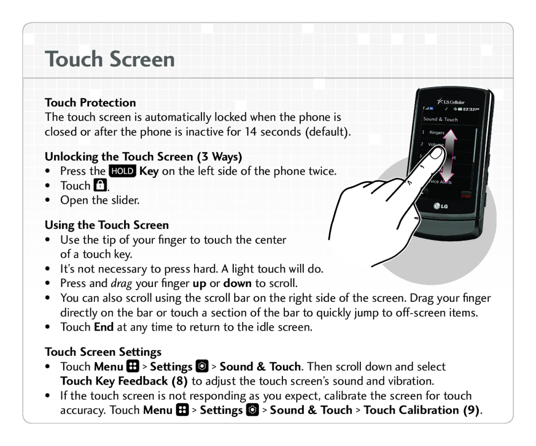 LG Electronics UX 830 Ou ch Sc re e n, Touc h Protection, Unlocking the Touch Screen 3 Ways, Using the Touch Screen 