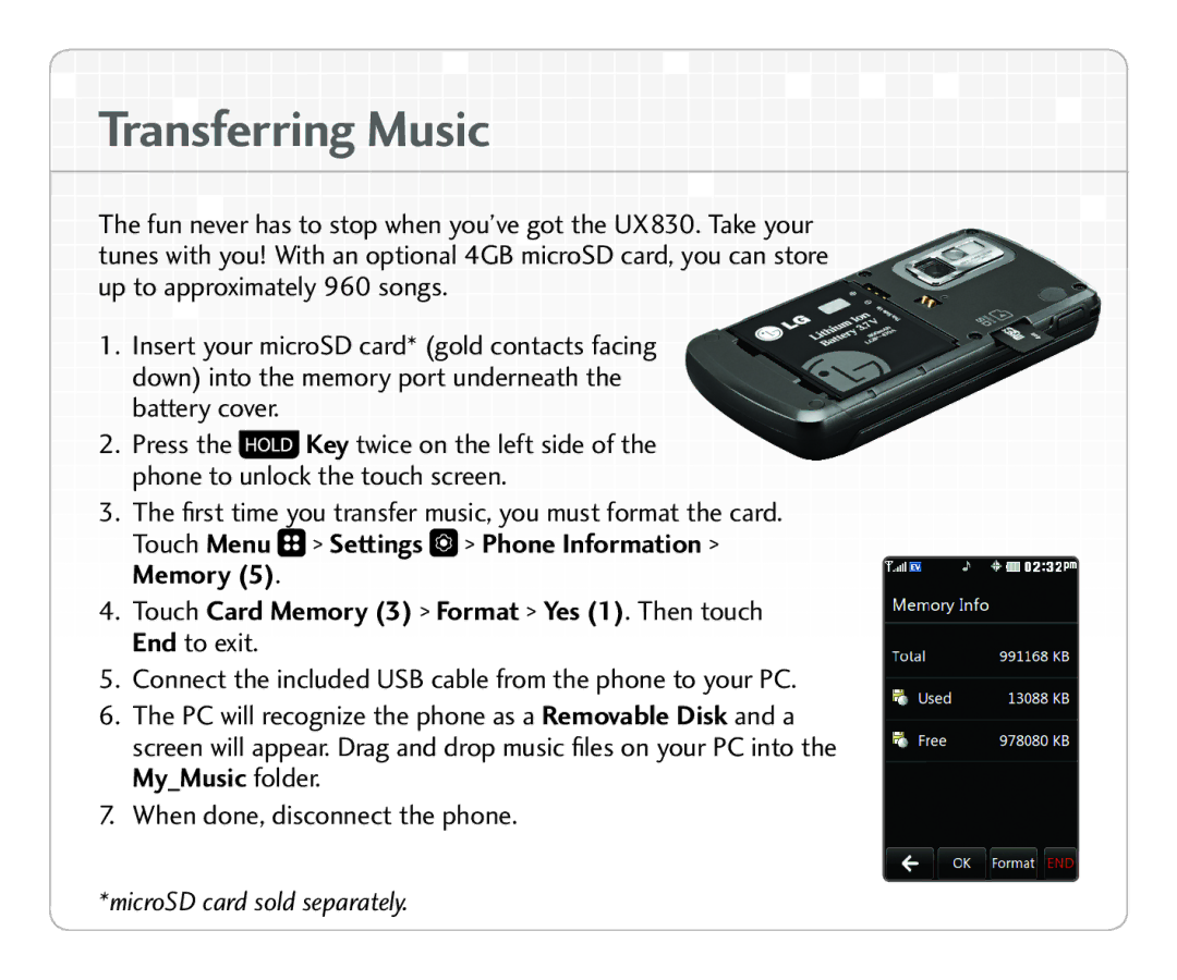 LG Electronics UX 830 quick start Tra nsfe rri n g Music, Memory Touch Card Memory 3 Format Yes 1. Then touch 