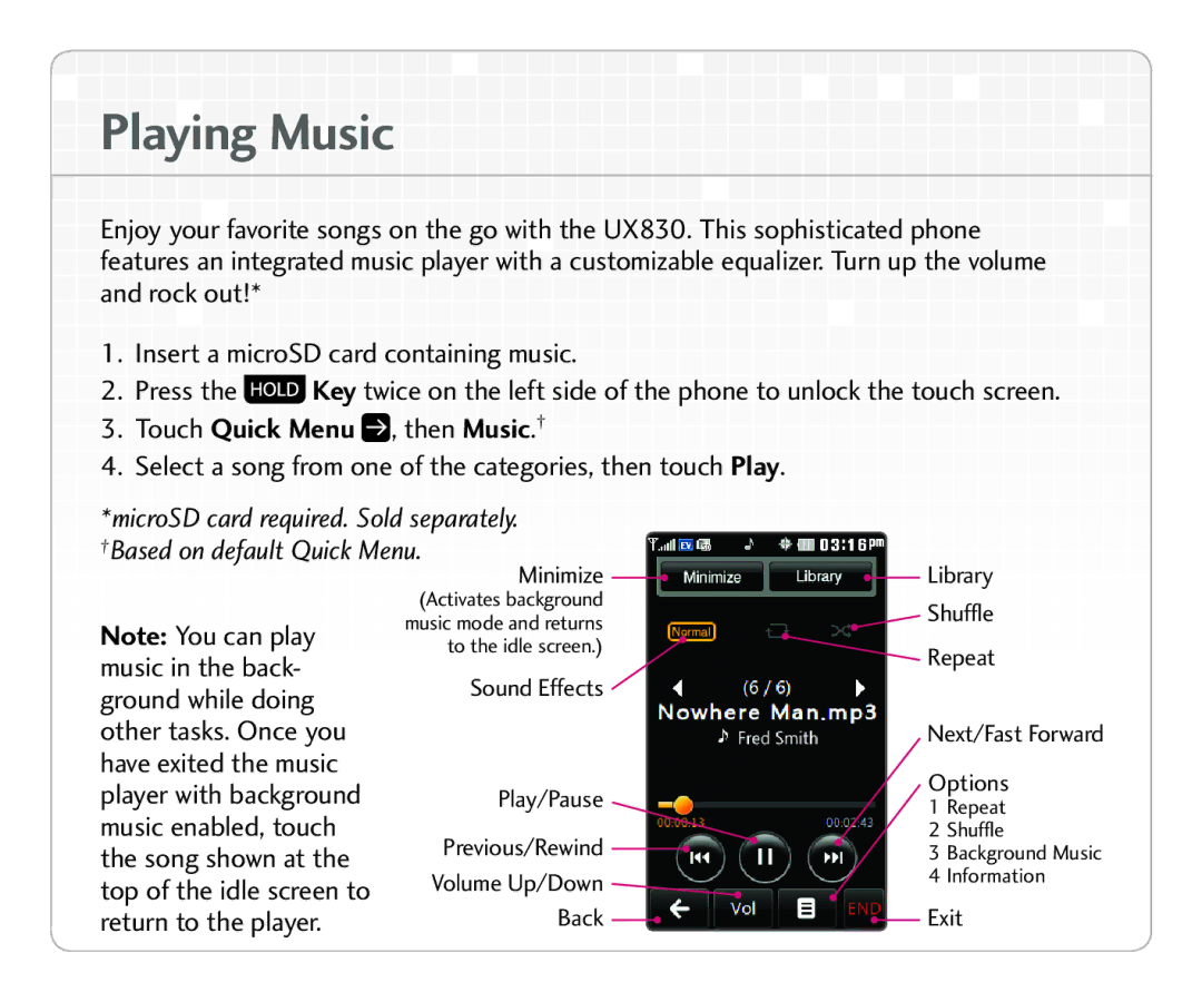 LG Electronics UX 830 quick start La yi ng Mu si c, Based on defa ult Q uick Menu 