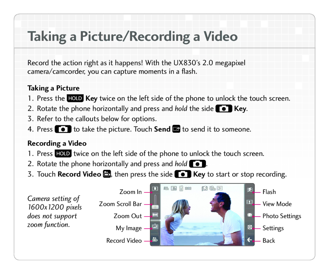 LG Electronics UX 830 quick start Taking a Pictur e, Key, Recording a Video, Touch Record Video 