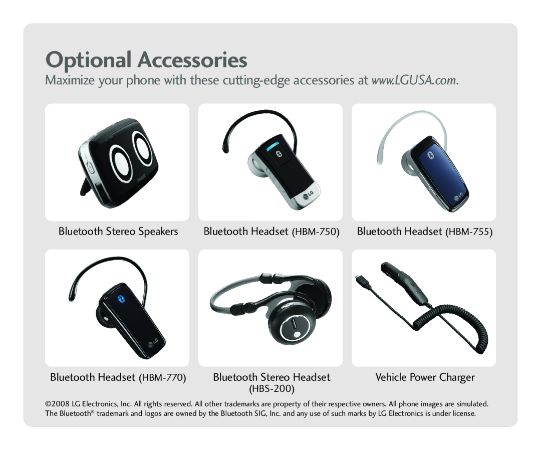 LG Electronics UX 830 quick start Optional Accessories, Bluetooth Headset HBM-770 