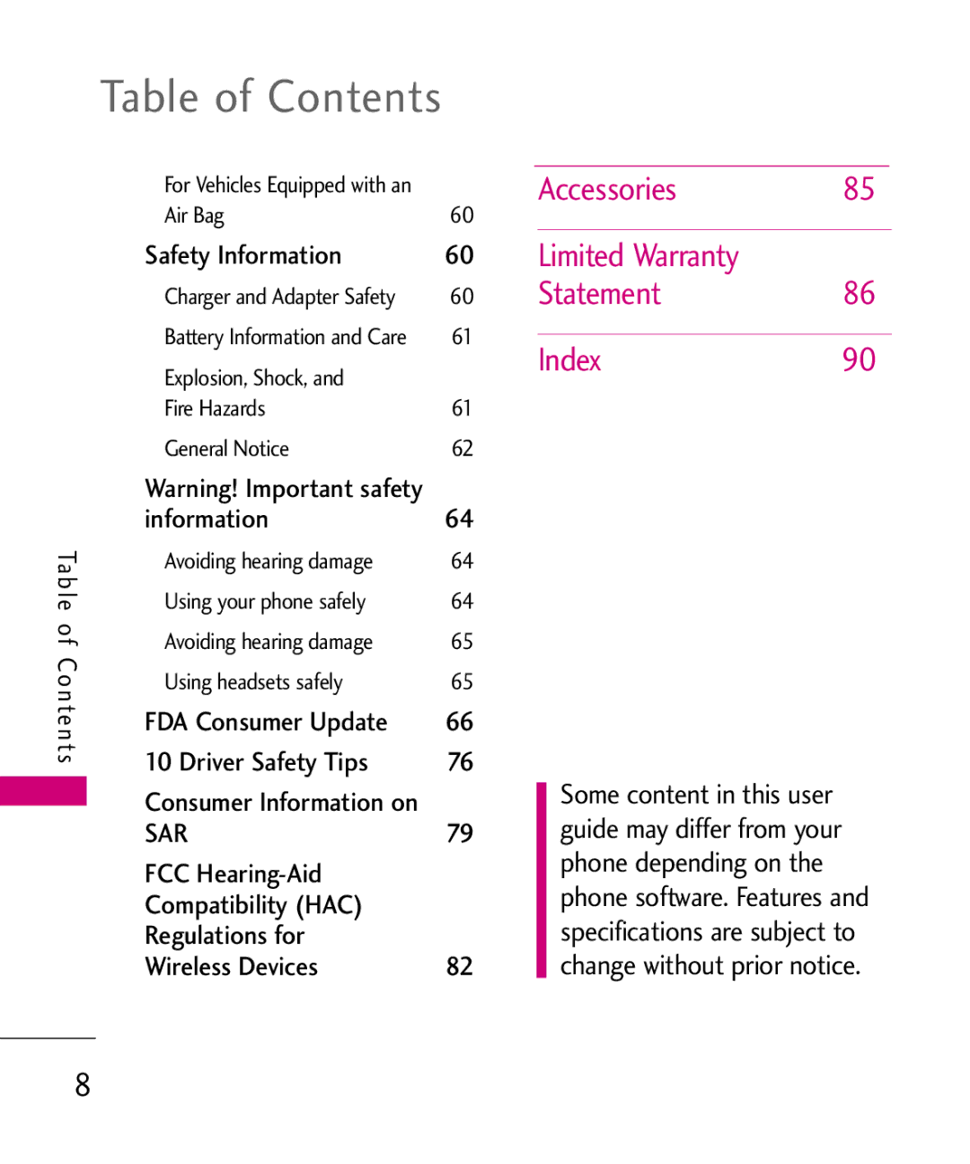 LG Electronics UX145 manual Accessories, Limited Warranty, Statement, Index 