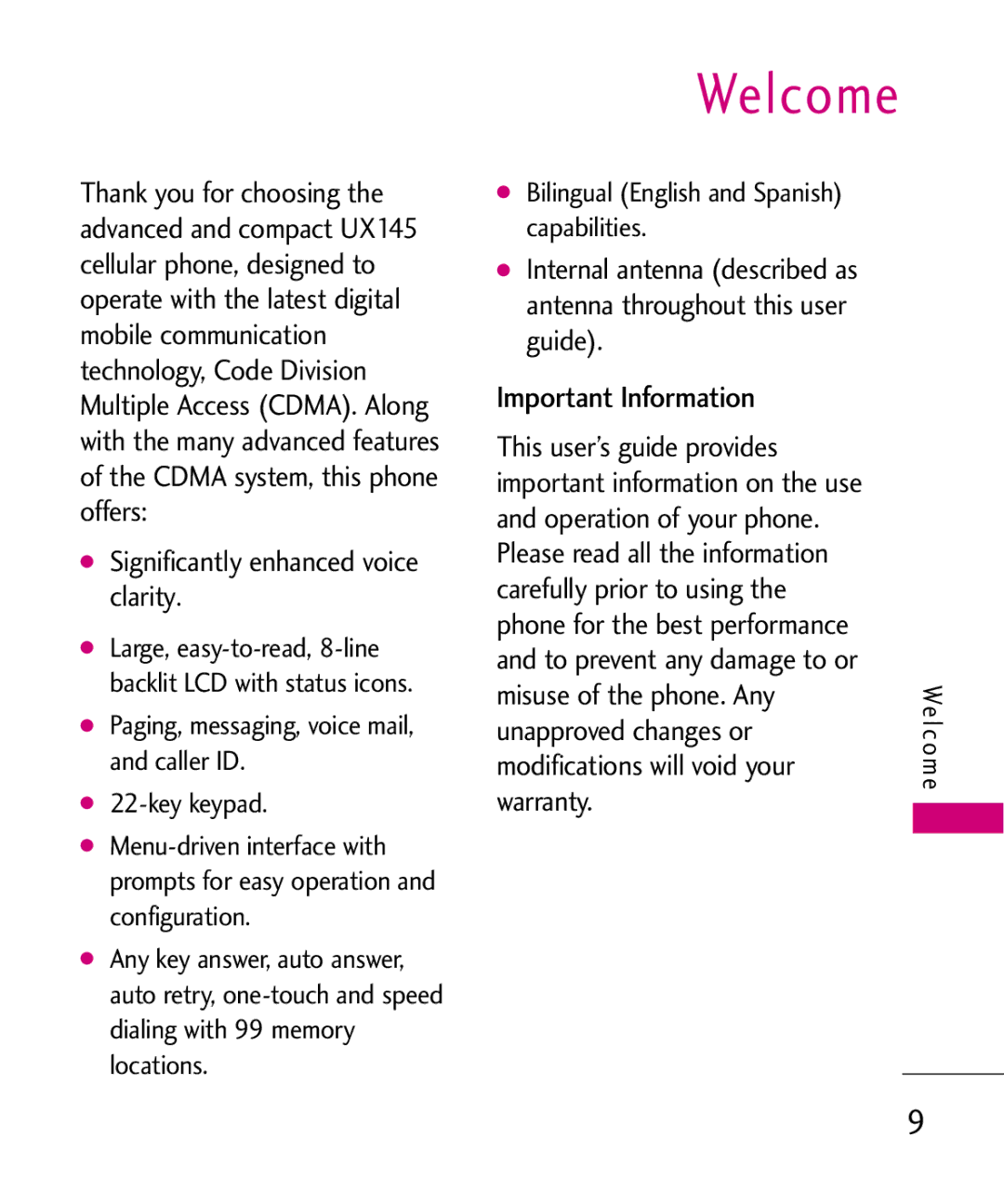 LG Electronics UX145 manual Welcome, Important Information 