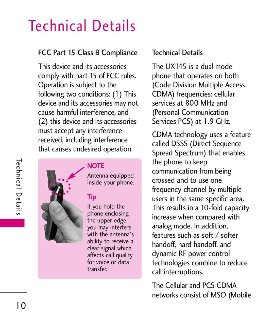 LG Electronics UX145 manual FCC Part 15 Class B Compliance, Technical Details 