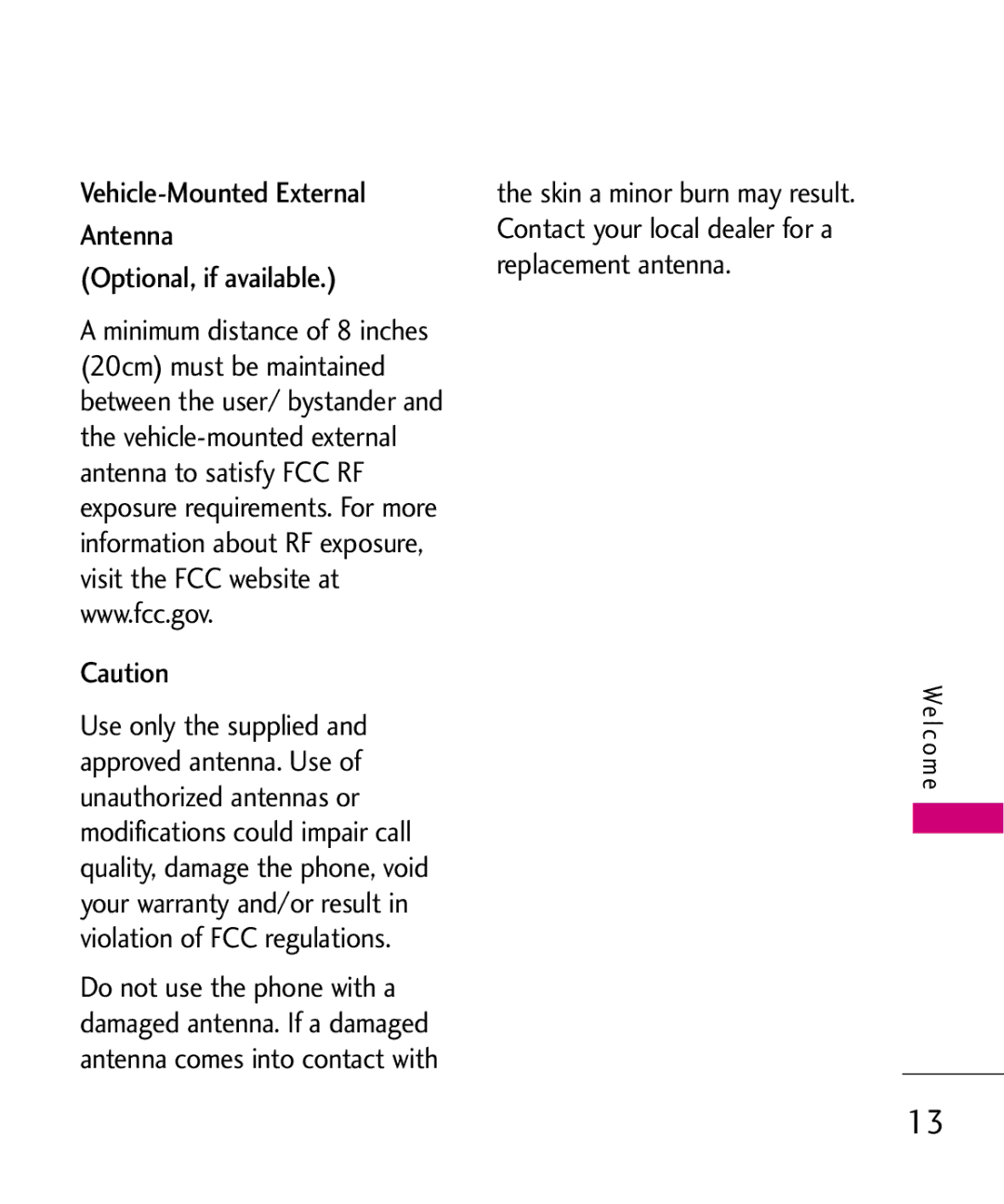 LG Electronics UX145 manual Vehicle-Mounted External Antenna Optional, if available 