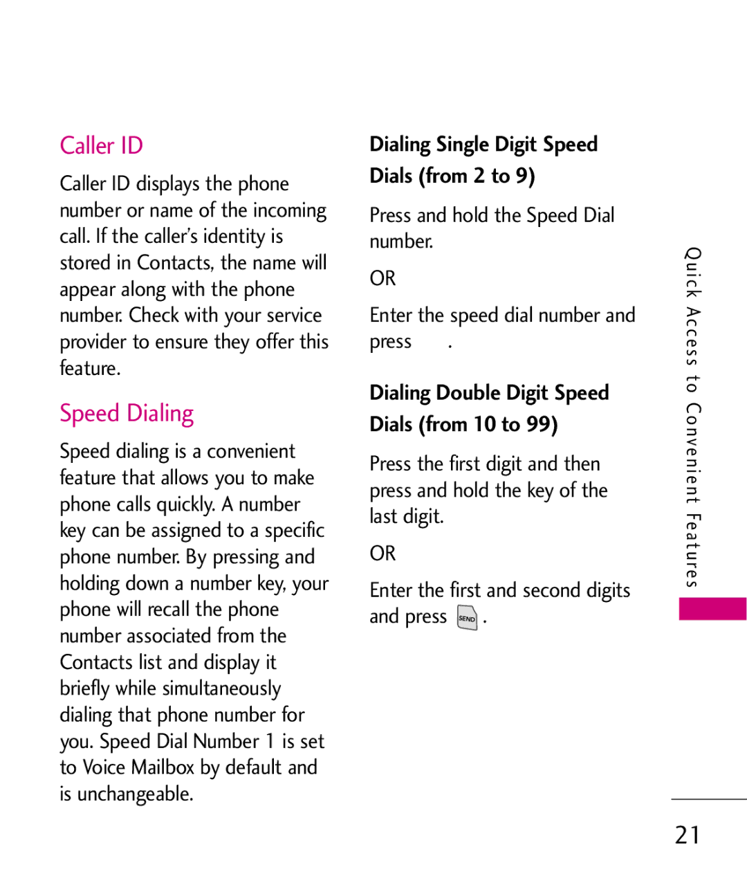 LG Electronics UX145 manual Caller ID, Speed Dialing 