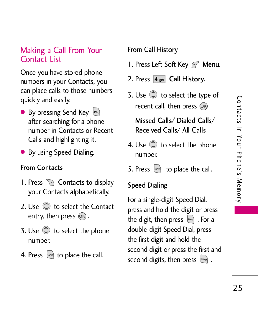 LG Electronics UX145 manual Making a Call From Your Contact List, Press Call History, By using Speed Dialing From Contacts 