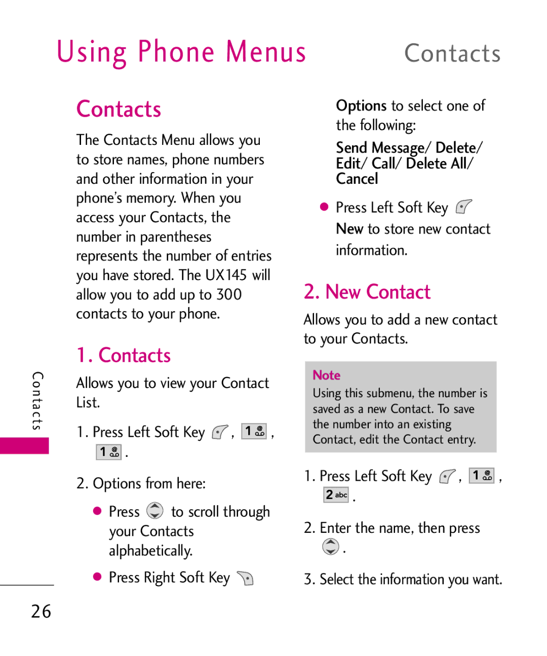 LG Electronics UX145 manual Using Phone Menus, Contacts, New Contact, Send Message/ Delete Edit/ Call/ Delete All Cancel 