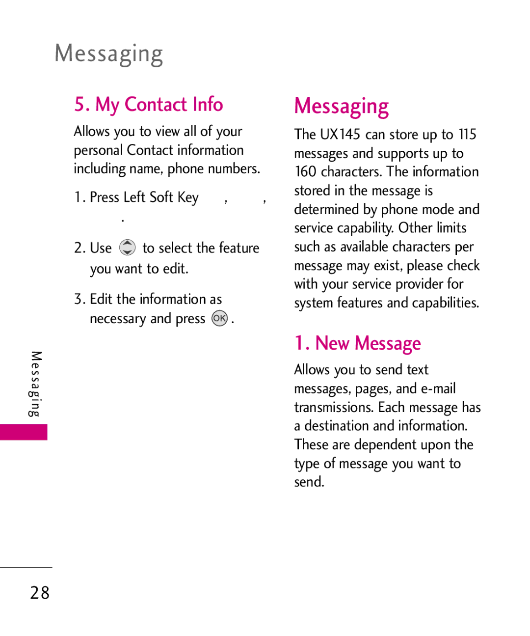 LG Electronics UX145 manual Messaging, My Contact Info, New Message, Use to select the feature you want to edit 