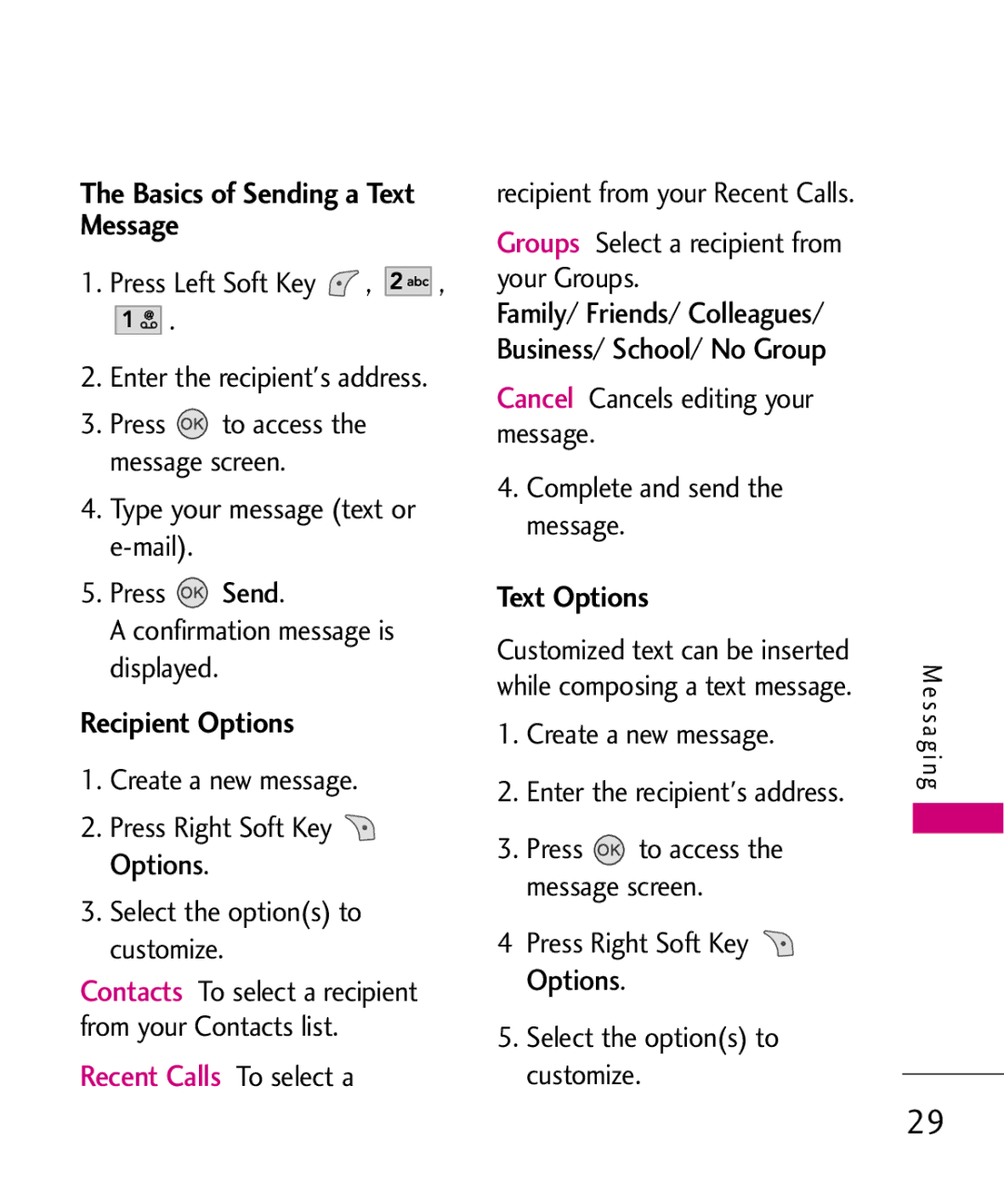 LG Electronics UX145 manual Basics of Sending a Text Message, Recipient Options, Text Options, Enter the recipients address 