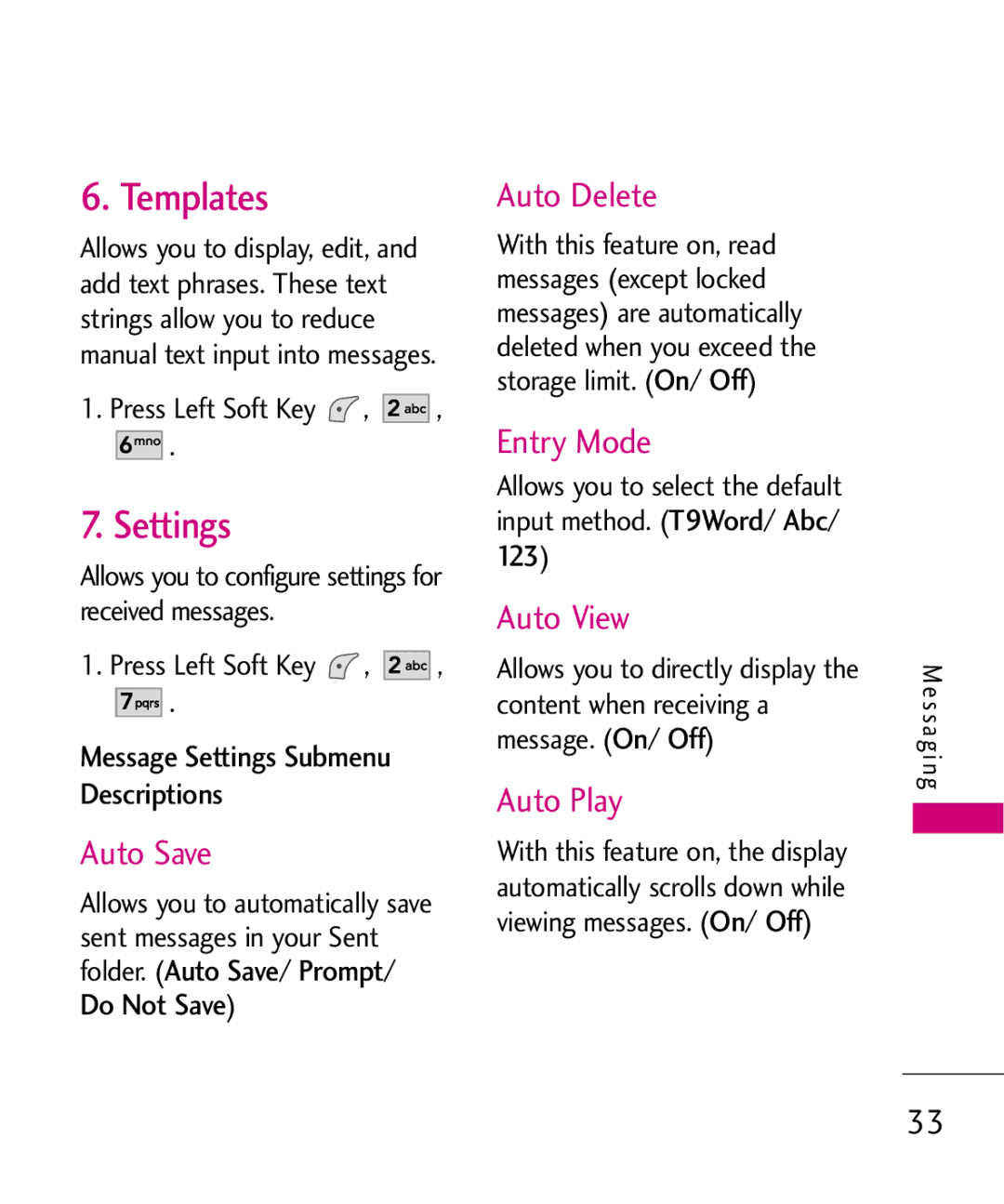 LG Electronics UX145 manual Templates, Settings 