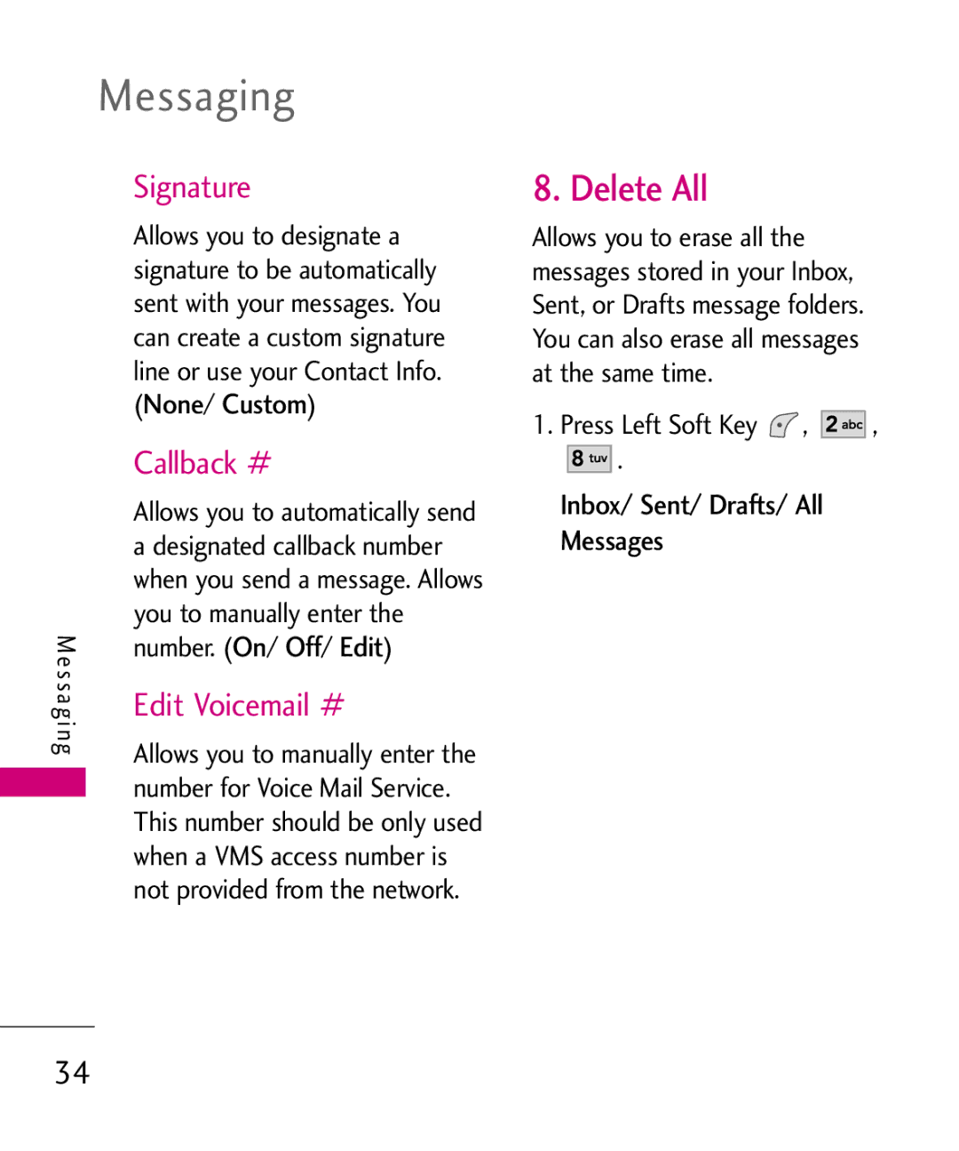 LG Electronics UX145 manual Delete All, Signature, Callback #, Edit Voicemail #, Inbox/ Sent/ Drafts/ All Messages 