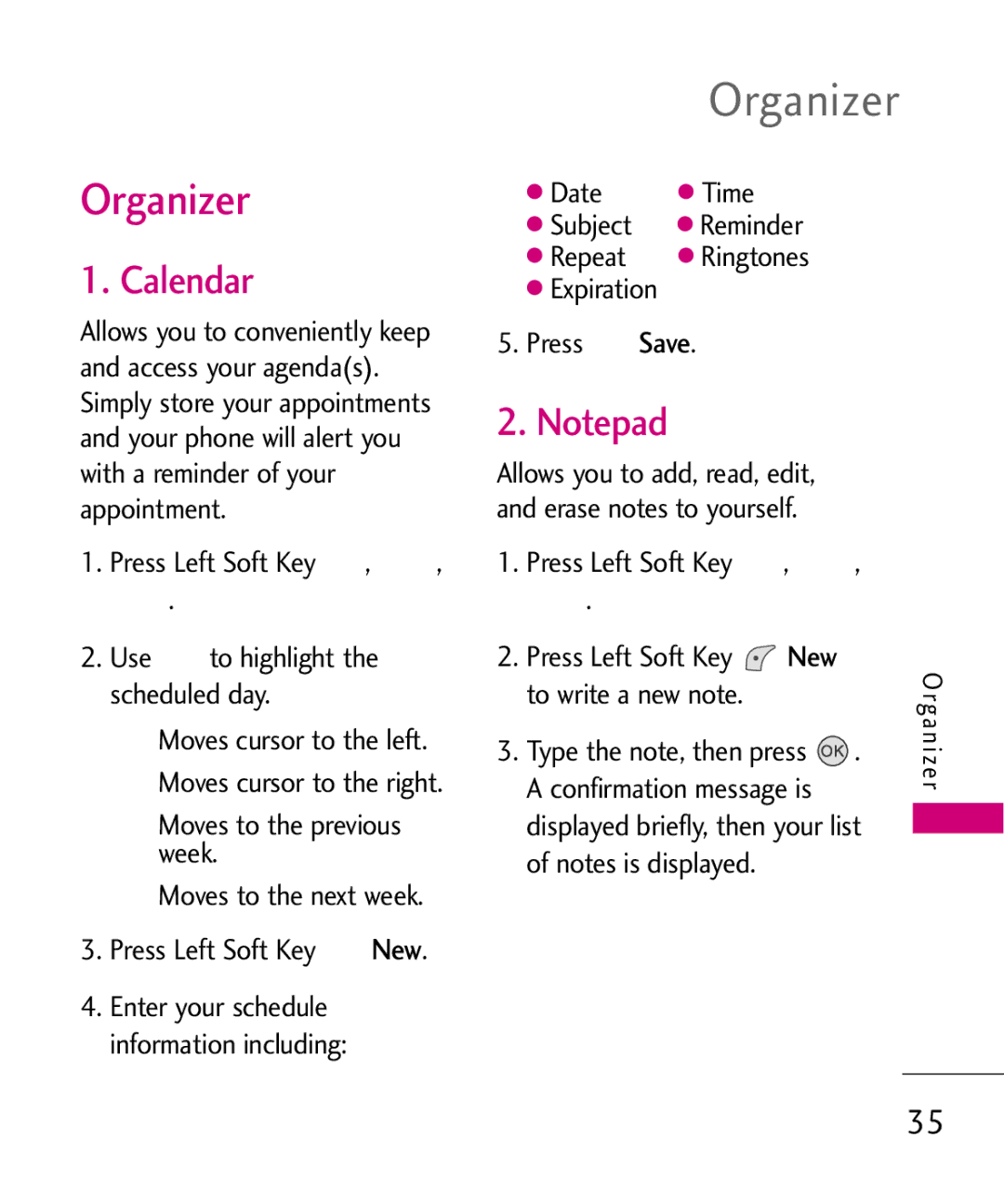 LG Electronics UX145 manual Organizer, Calendar, Expiration Press Save, New 