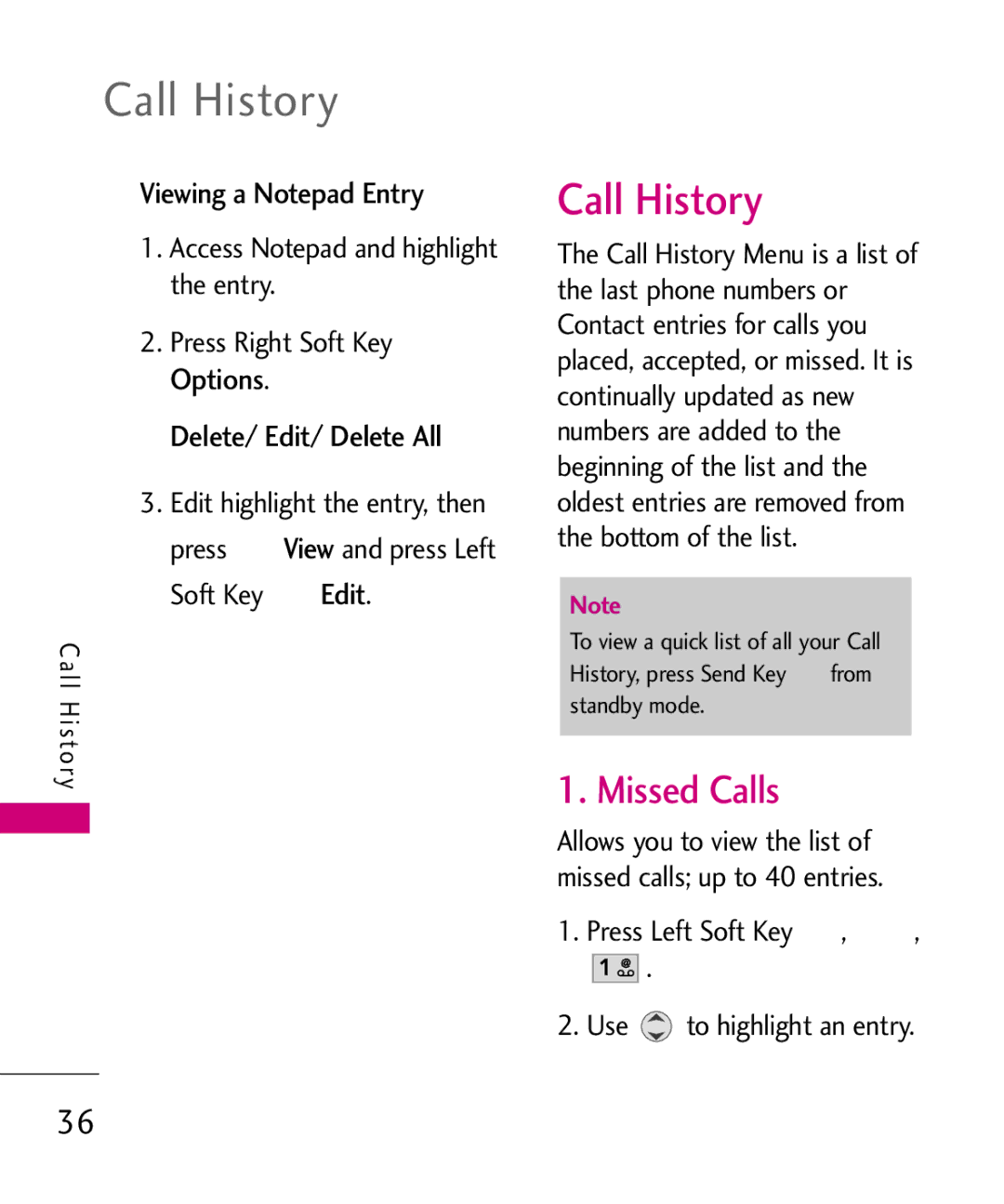 LG Electronics UX145 manual Call History, Missed Calls, Viewing a Notepad Entry, Delete/ Edit/ Delete All 