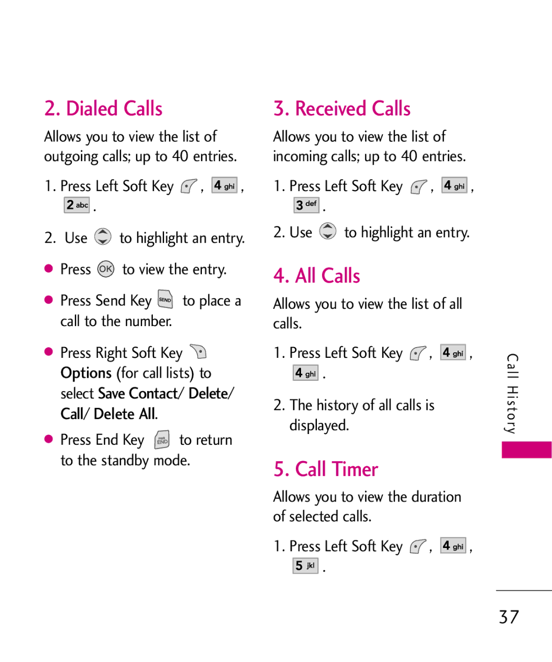 LG Electronics UX145 manual Dialed Calls, Received Calls, All Calls, Call Timer 