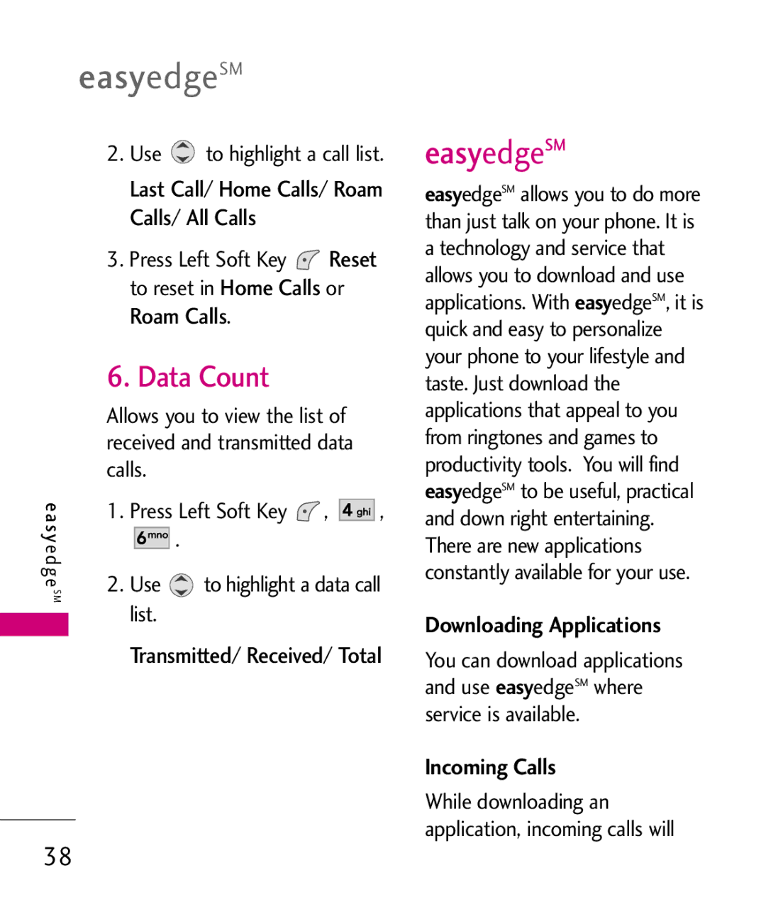 LG Electronics UX145 manual EasyedgeSM, Data Count, Downloading Applications, Incoming Calls 