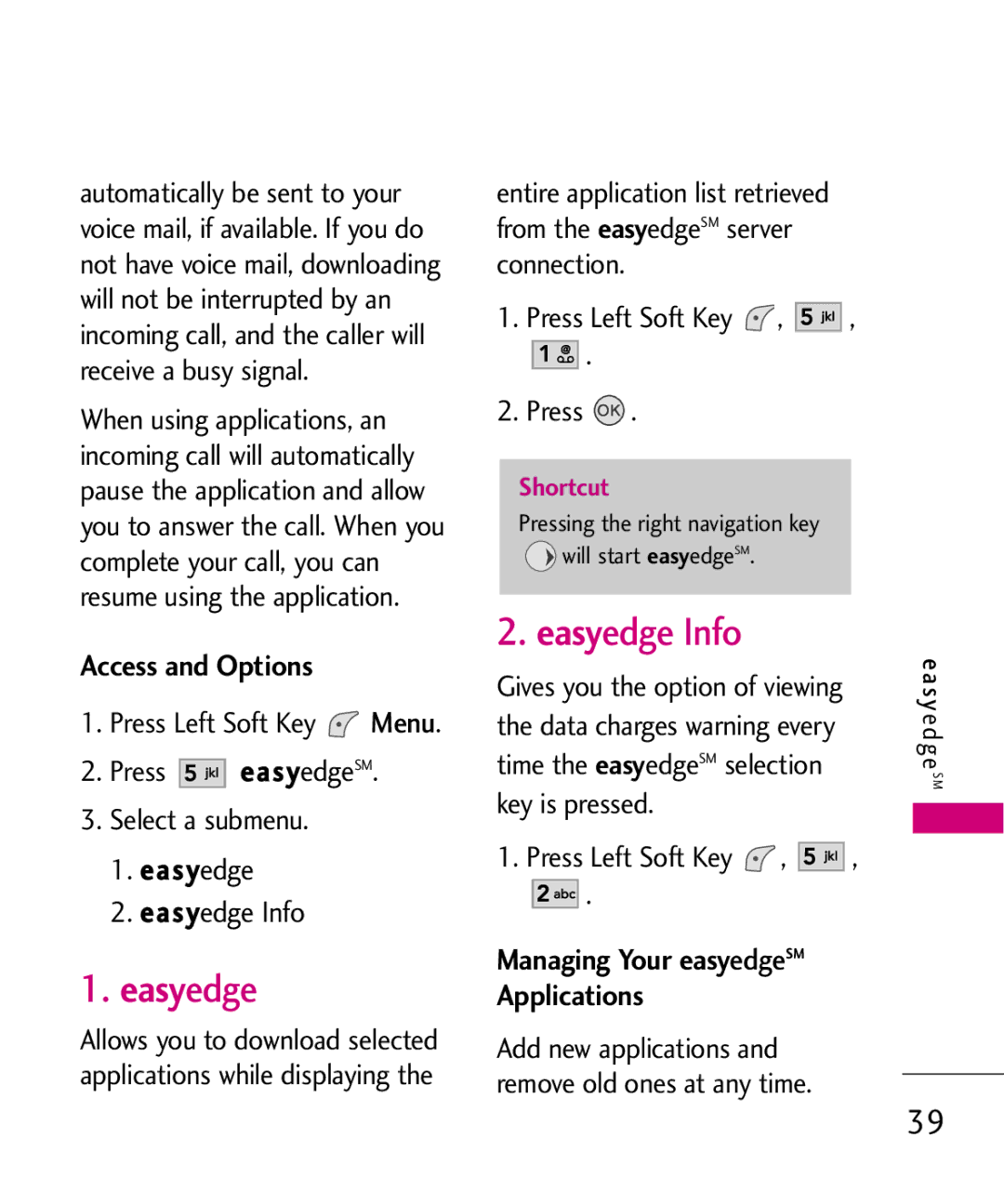 LG Electronics UX145 manual Access and Options, Press easyedgeSM, Easyedge Easyedge Info 