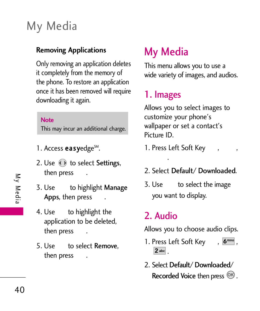 LG Electronics UX145 manual My Media, Images, Audio, Removing Applications 