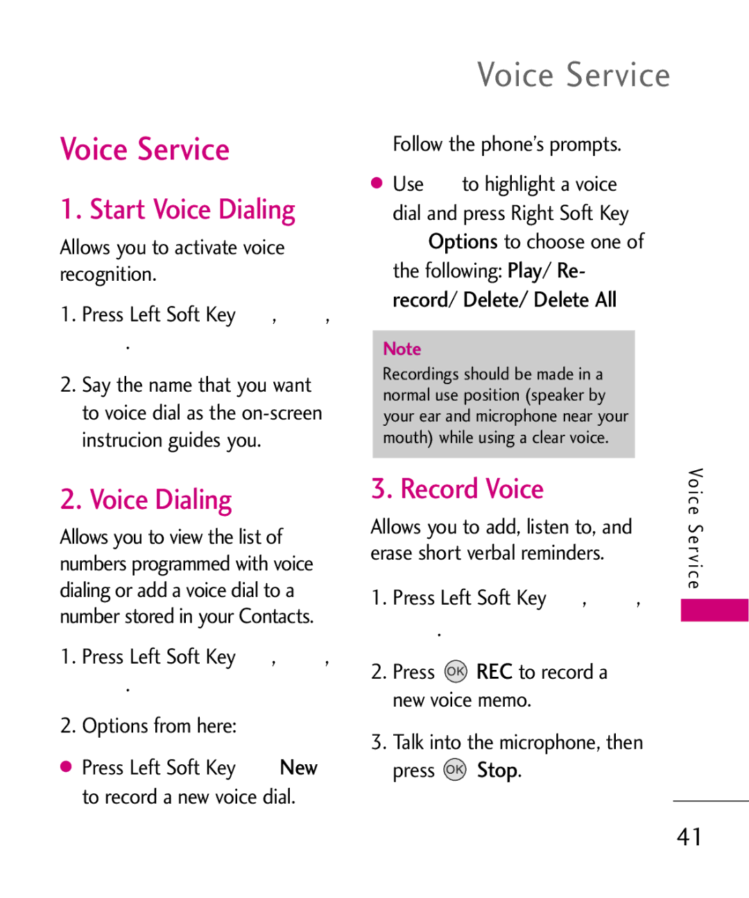 LG Electronics UX145 manual Voice Service, Start Voice Dialing, Record Voice 