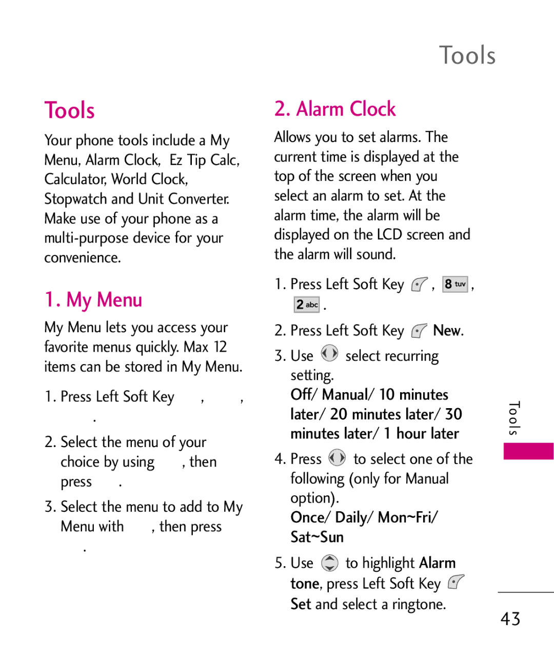 LG Electronics UX145 manual Tools, My Menu, Alarm Clock 