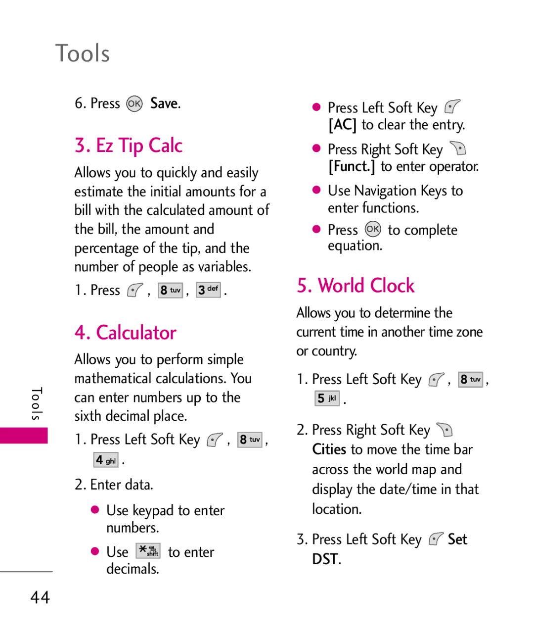 LG Electronics UX145 manual Ez Tip Calc, Calculator, World Clock, Sixth decimal place 