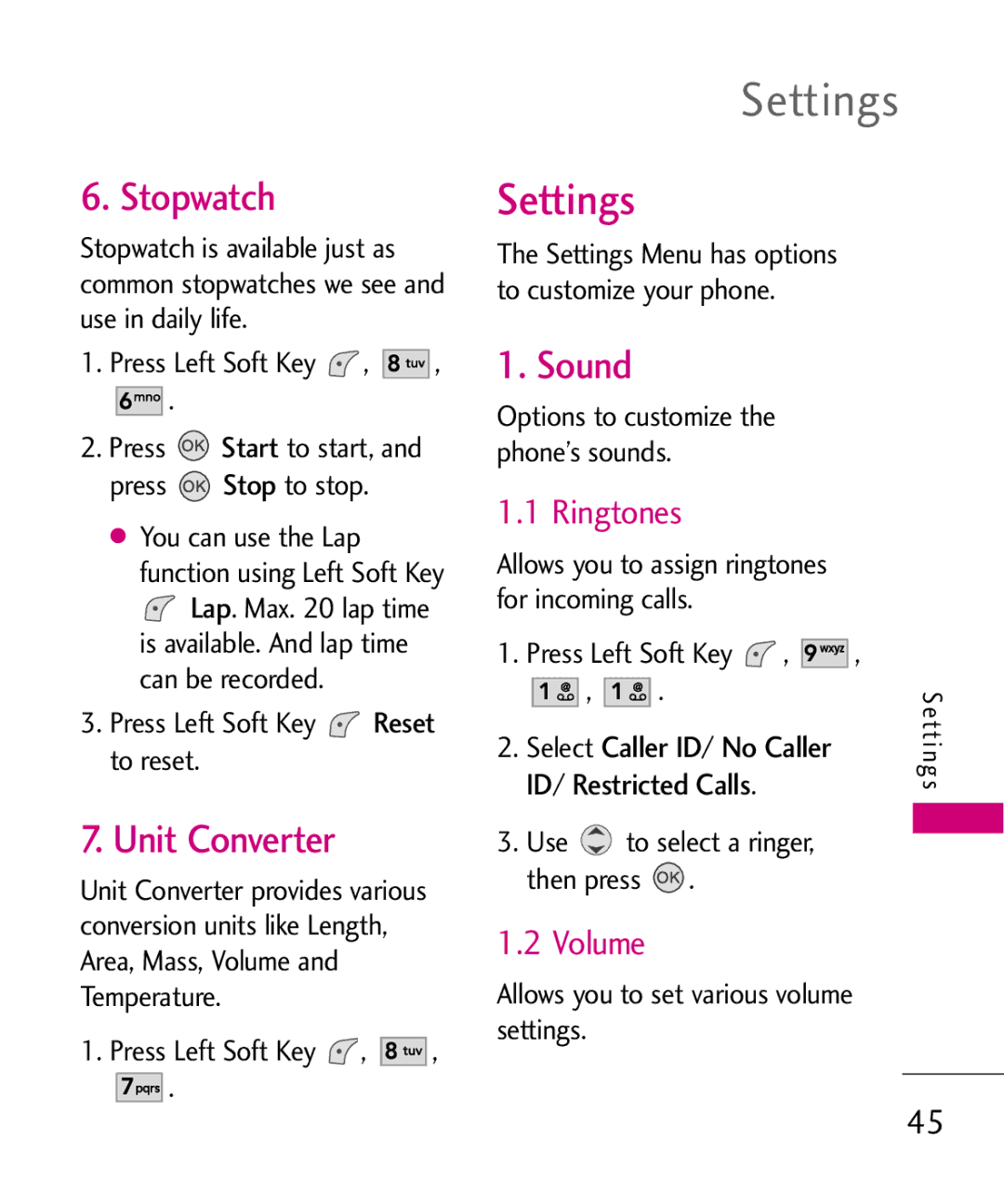 LG Electronics UX145 manual Settings, Stopwatch, Unit Converter, Sound 