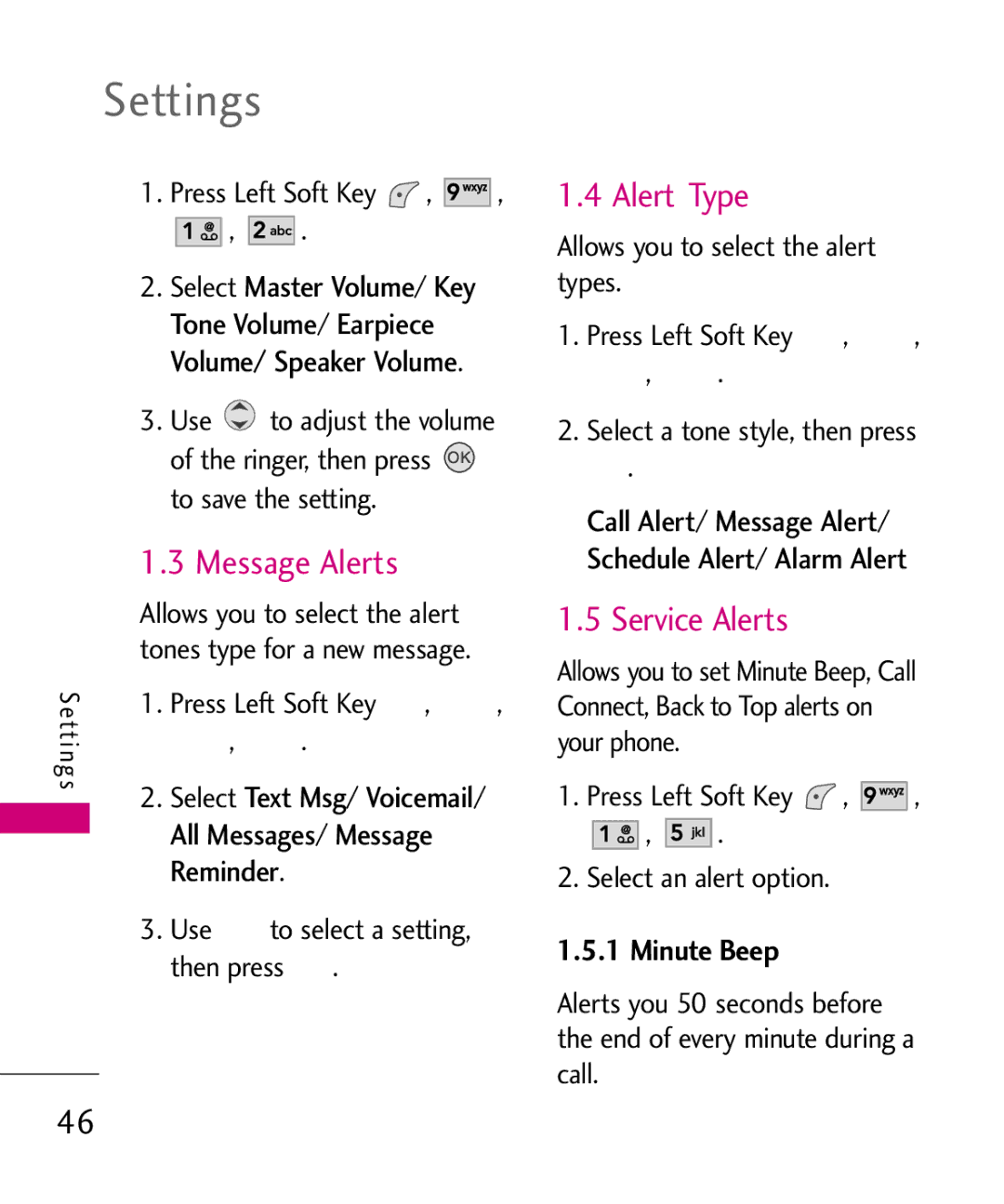 LG Electronics UX145 manual Message Alerts, Alert Type, Service Alerts, Minute Beep 