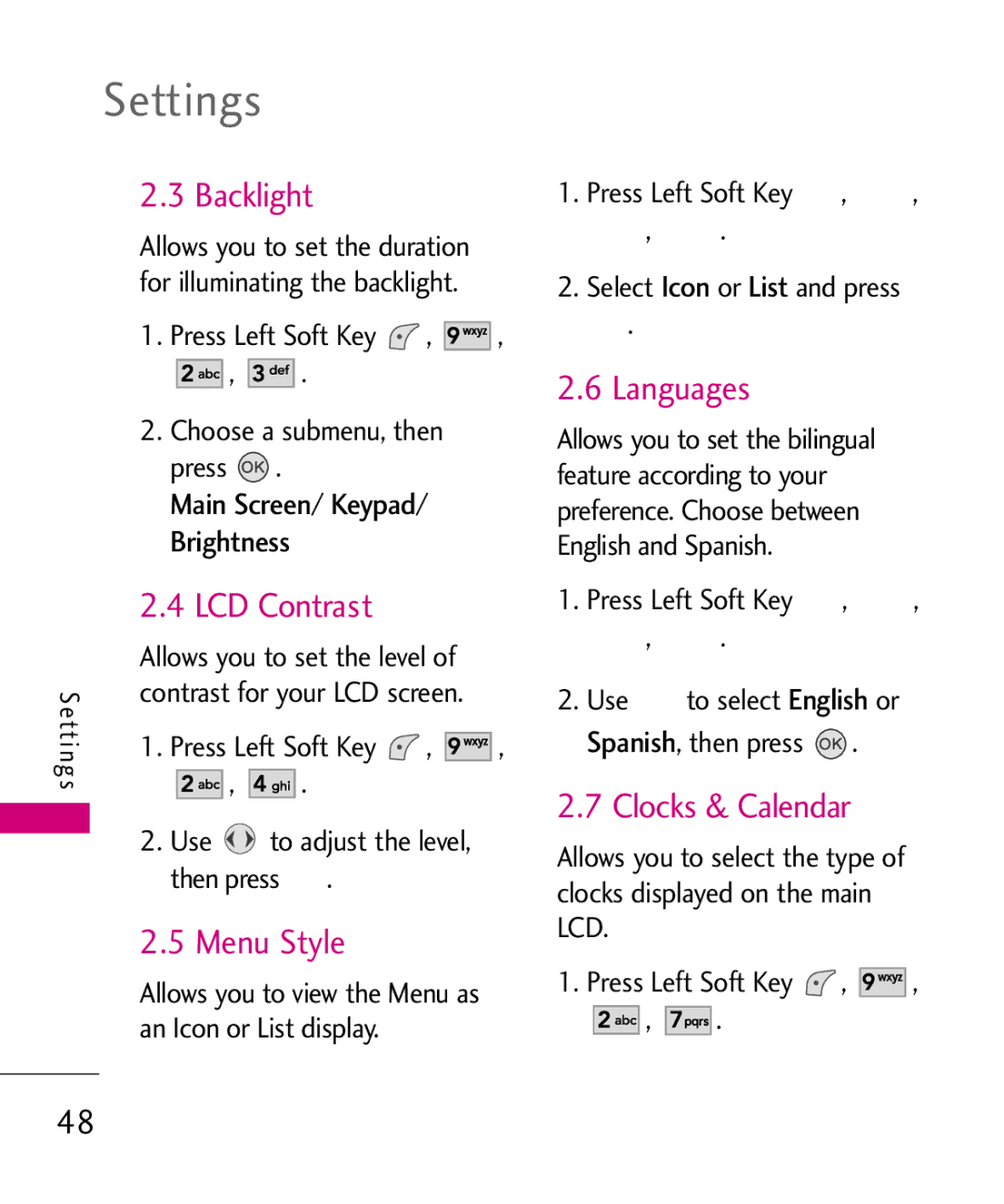 LG Electronics UX145 manual Backlight, LCD Contrast, Menu Style, Languages, Clocks & Calendar 