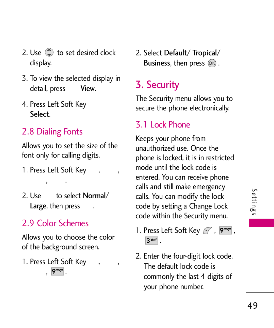 LG Electronics UX145 manual Security, Dialing Fonts, Color Schemes, Lock Phone, Use to set desired clock display 