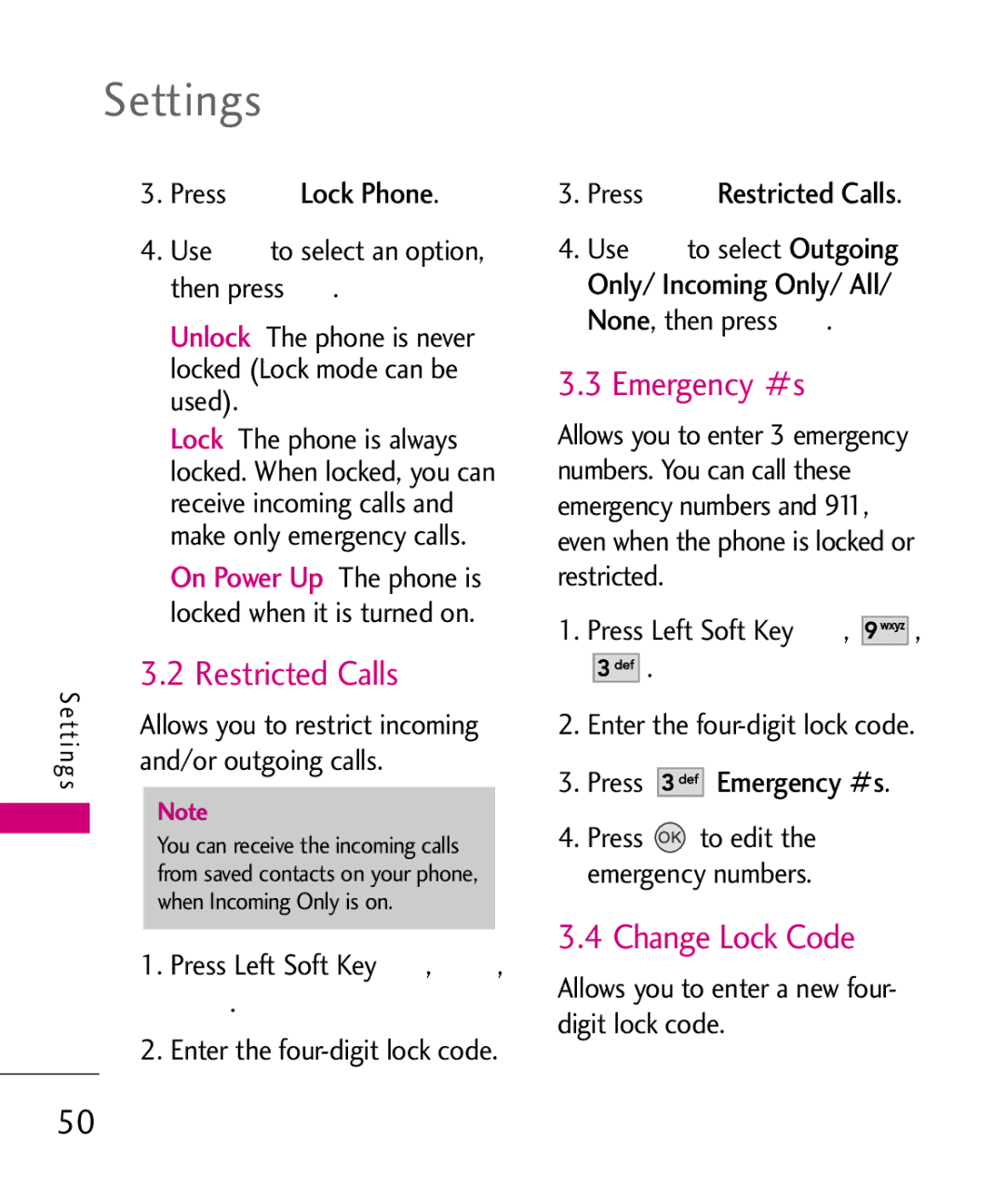 LG Electronics UX145 manual Change Lock Code, Press Lock Phone, Press Restricted Calls, Press Emergency #s 