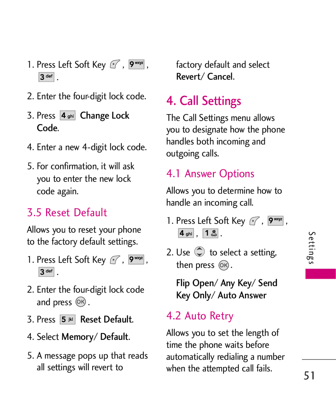 LG Electronics UX145 manual Call Settings, Reset Default, Answer Options, Auto Retry 