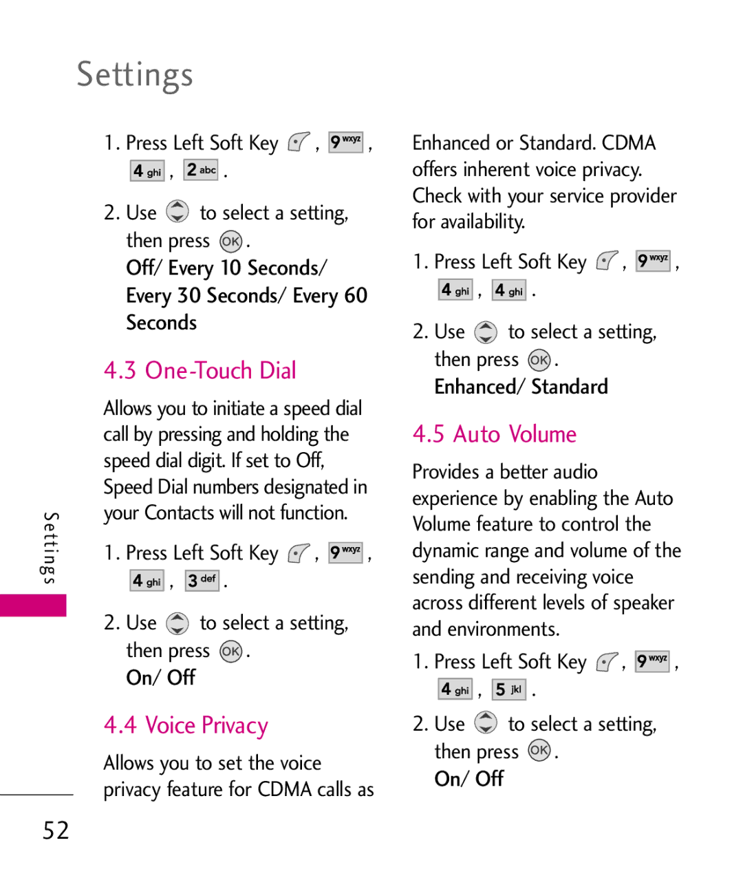 LG Electronics UX145 manual Voice Privacy, Auto Volume, Off/ Every 10 Seconds/ Every 30 Seconds/ Every 60 Seconds, On/ Off 