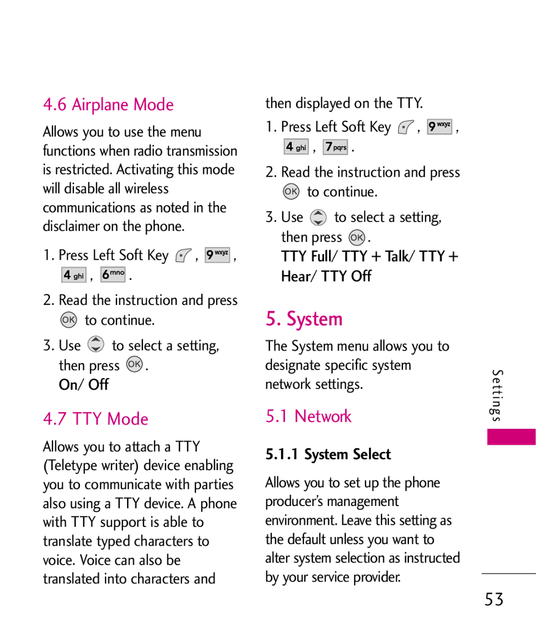 LG Electronics UX145 manual Airplane Mode, TTY Mode, Network, System Select 